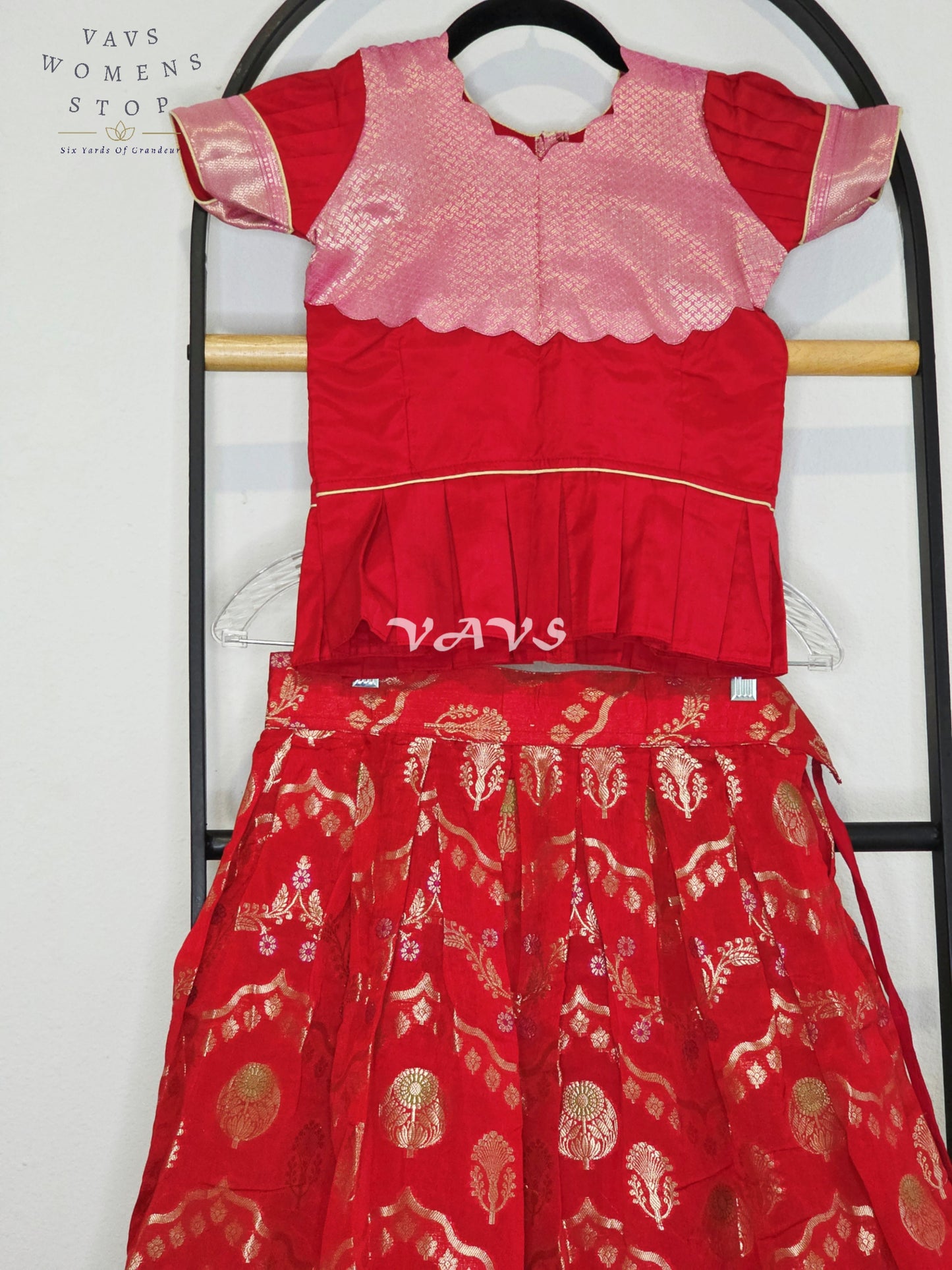 Royal Crimson Ruby & Blush Pink Benarasi Lehenga Blouse Set for Girls Ages 6–7 Years