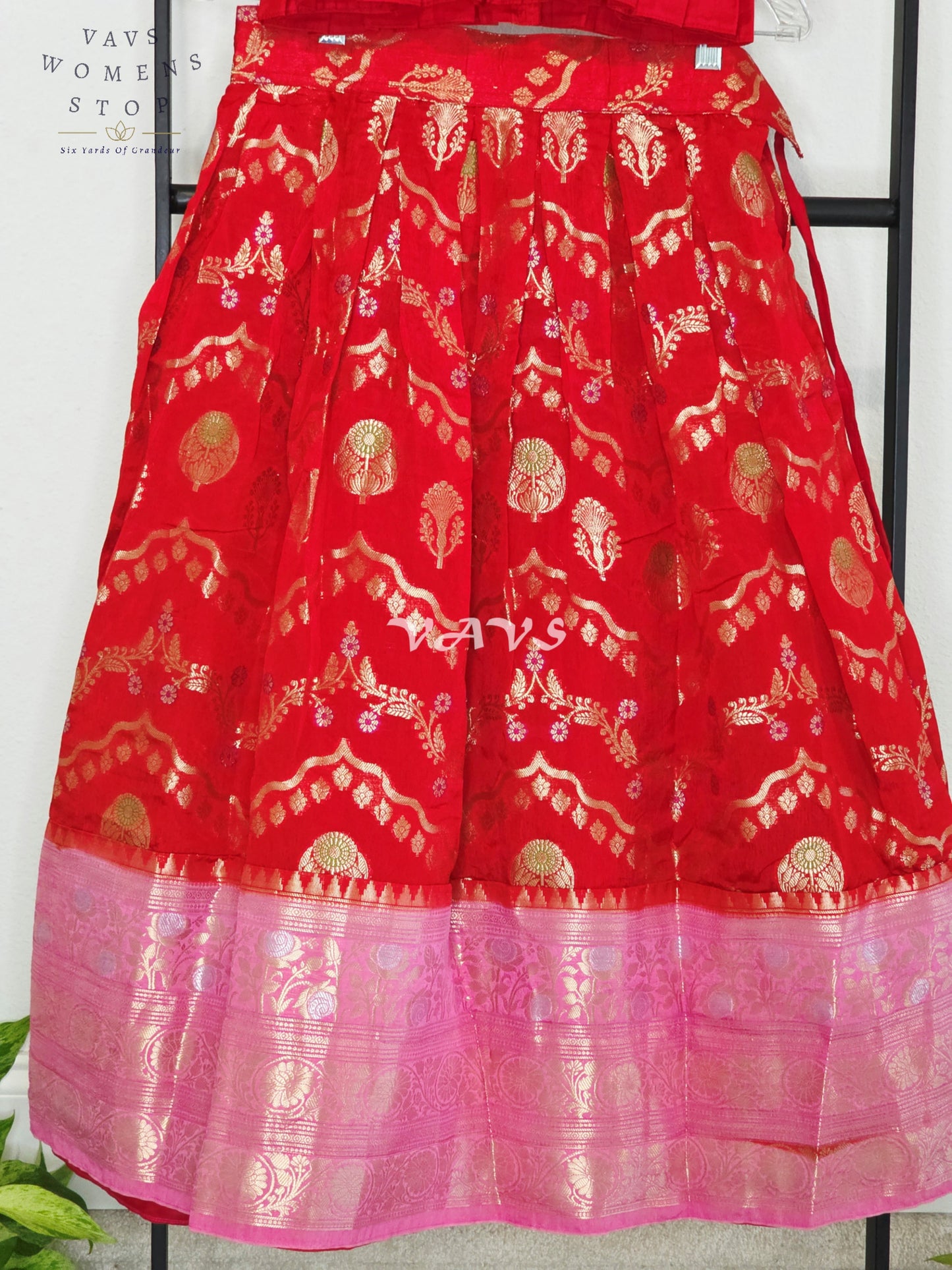Royal Crimson Ruby & Blush Pink Benarasi Lehenga Blouse Set for Girls Ages 6–7 Years