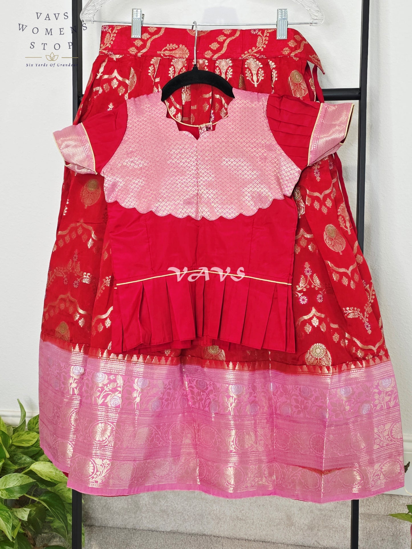 Royal Crimson Ruby & Blush Pink Benarasi Lehenga Blouse Set for Girls Ages 6–7 Years