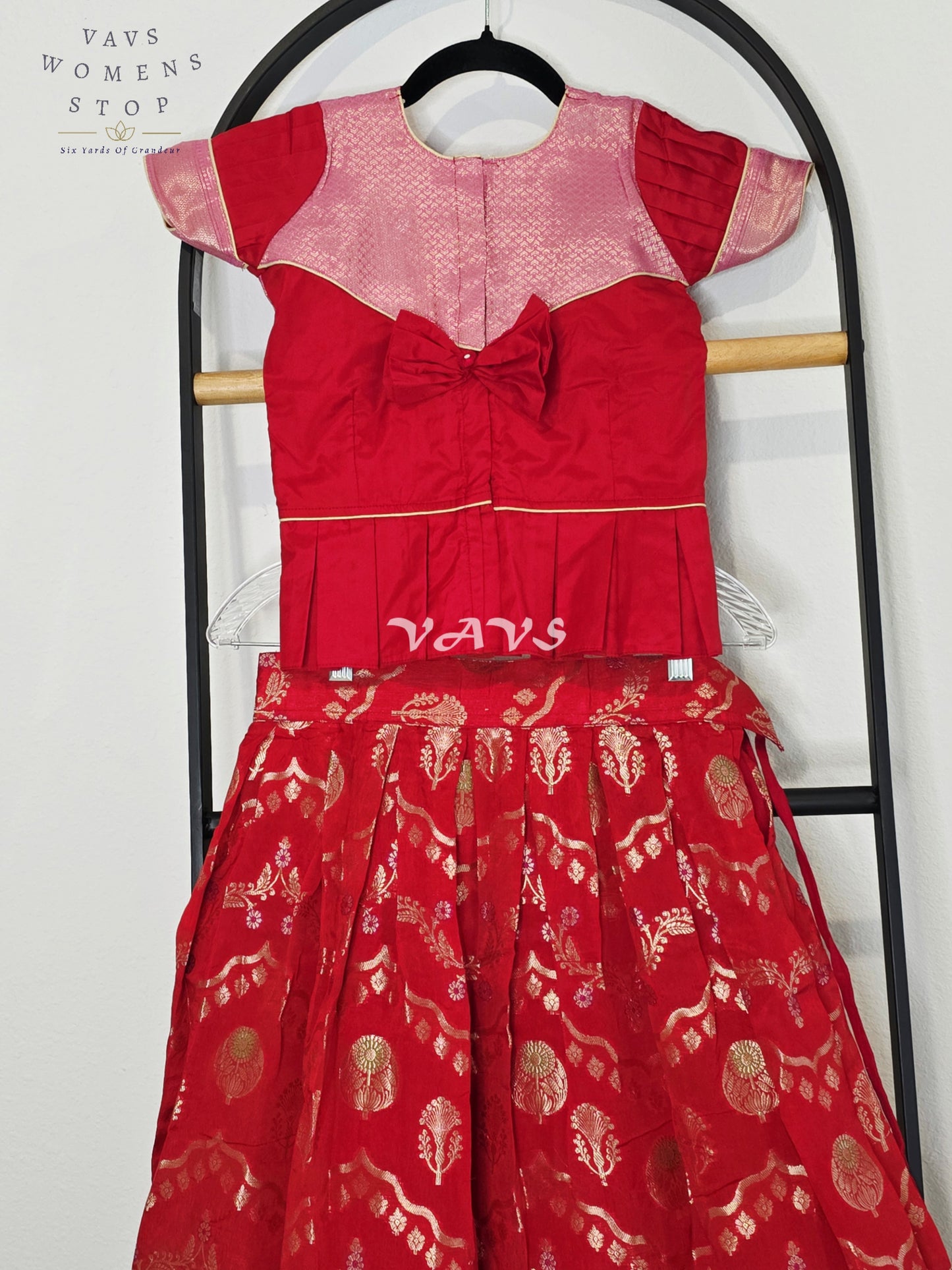 Royal Crimson Ruby & Blush Pink Benarasi Lehenga Blouse Set for Girls Ages 6–7 Years