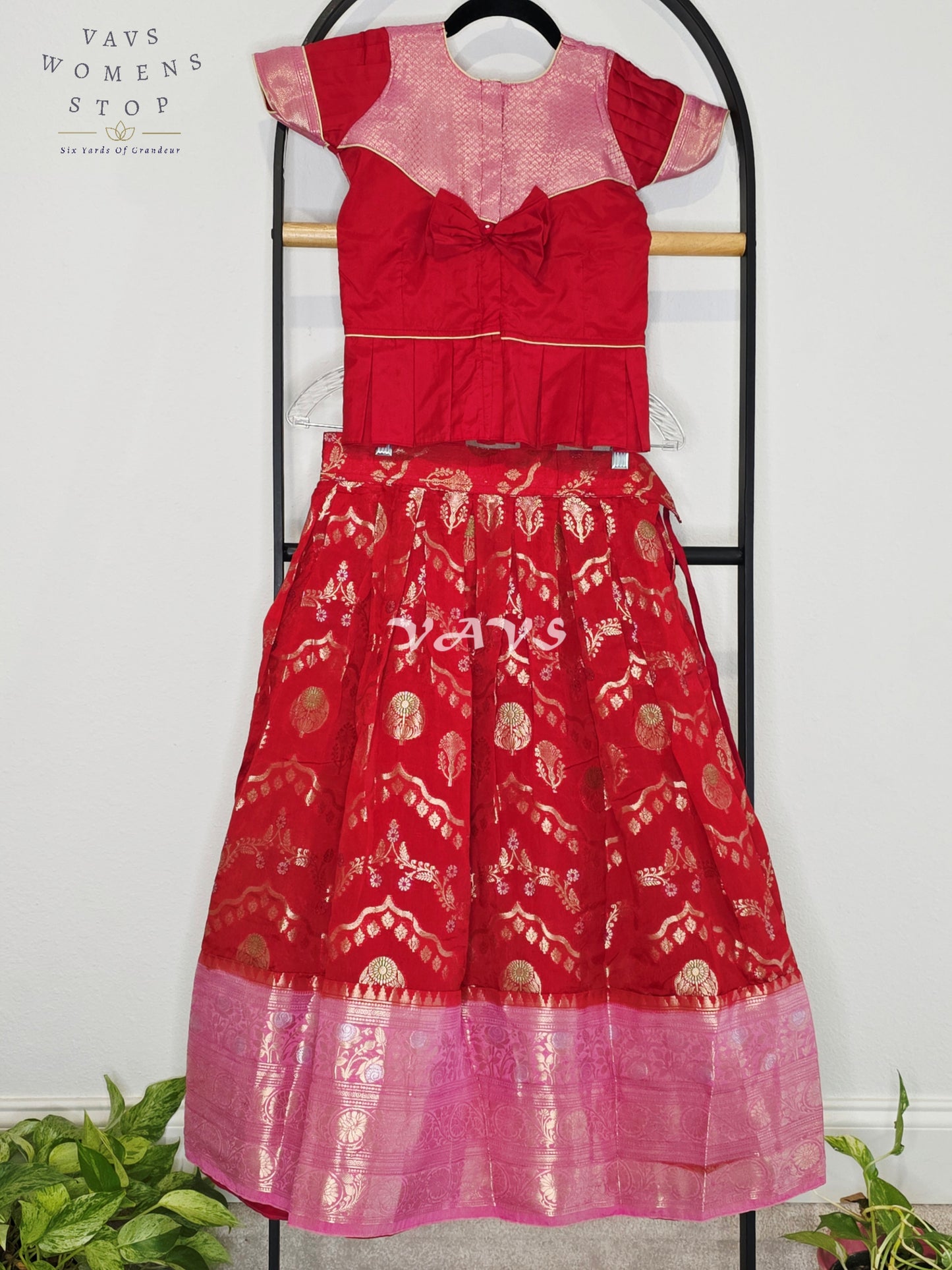 Royal Crimson Ruby & Blush Pink Benarasi Lehenga Blouse Set for Girls Ages 6–7 Years