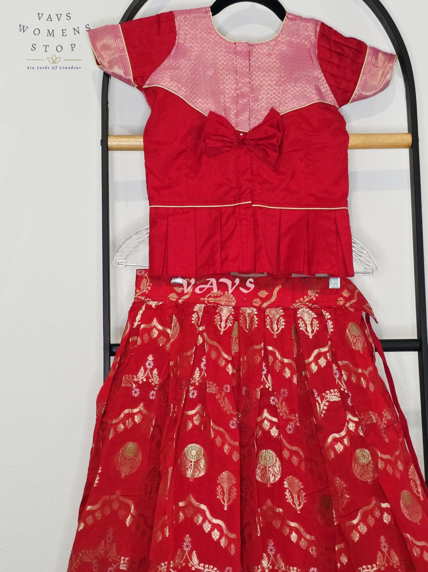 Royal Crimson Ruby & Blush Pink Benarasi Lehenga Blouse Set for Girls Ages 6–7 Years