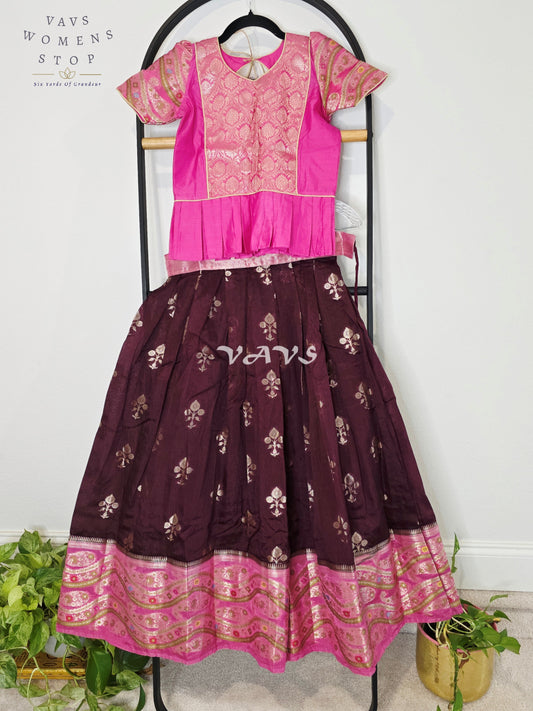 Royal Deep Plum & Fuchsia Pink Benarasi Lehenga Blouse Set for Girls Ages 9–10 Years