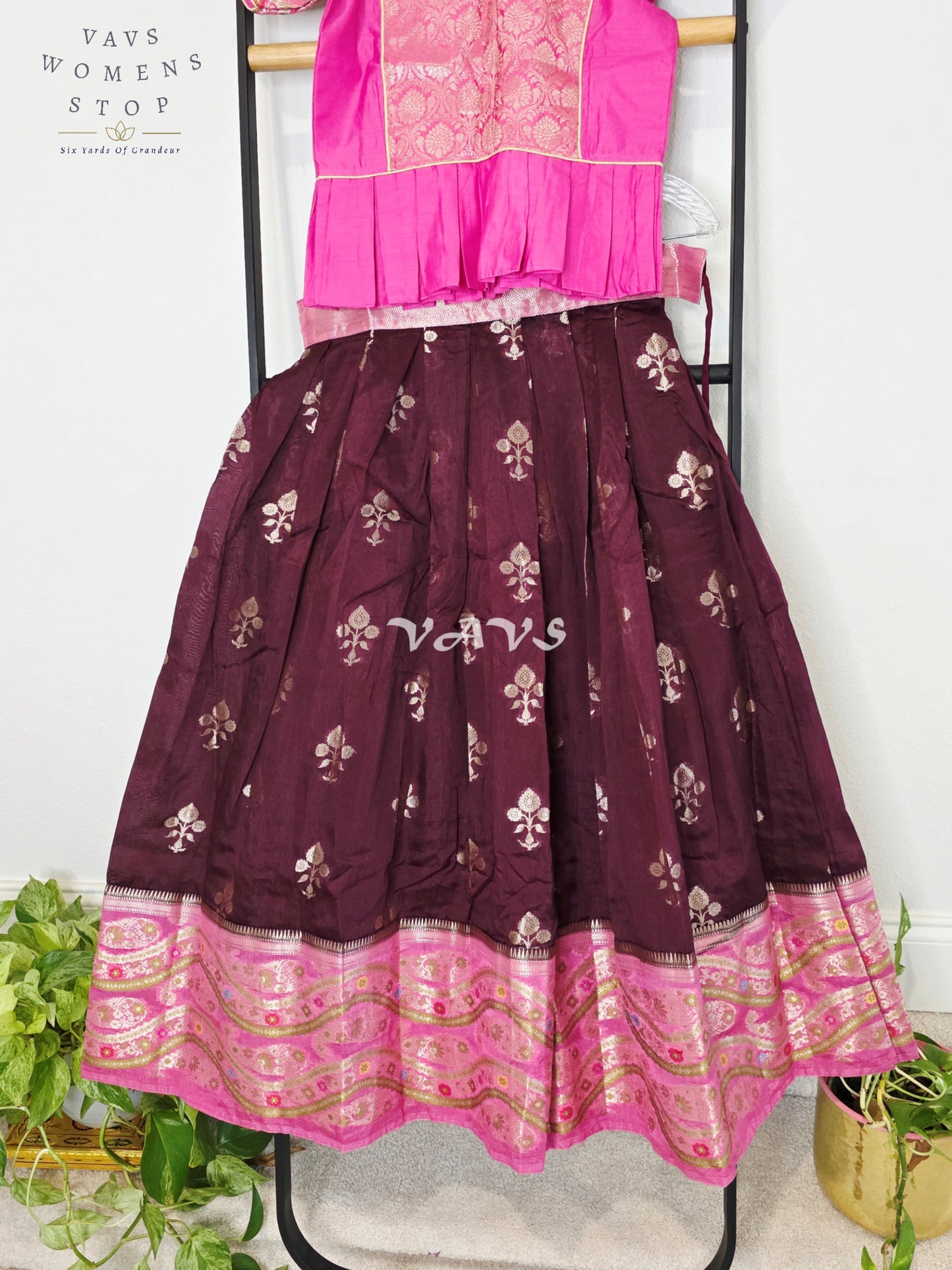 Royal Deep Plum & Fuchsia Pink Benarasi Lehenga Blouse Set for Girls Ages 9–10 Years