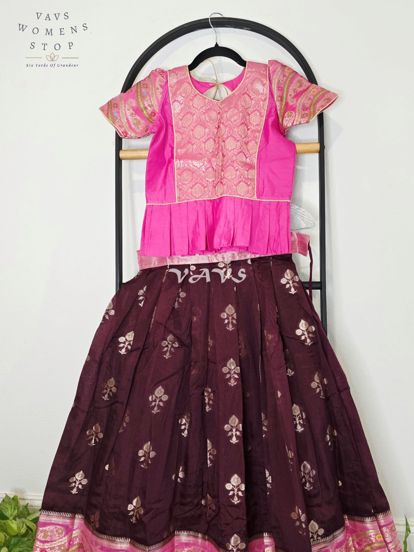 Royal Deep Plum & Fuchsia Pink Benarasi Lehenga Blouse Set for Girls Ages 9–10 Years