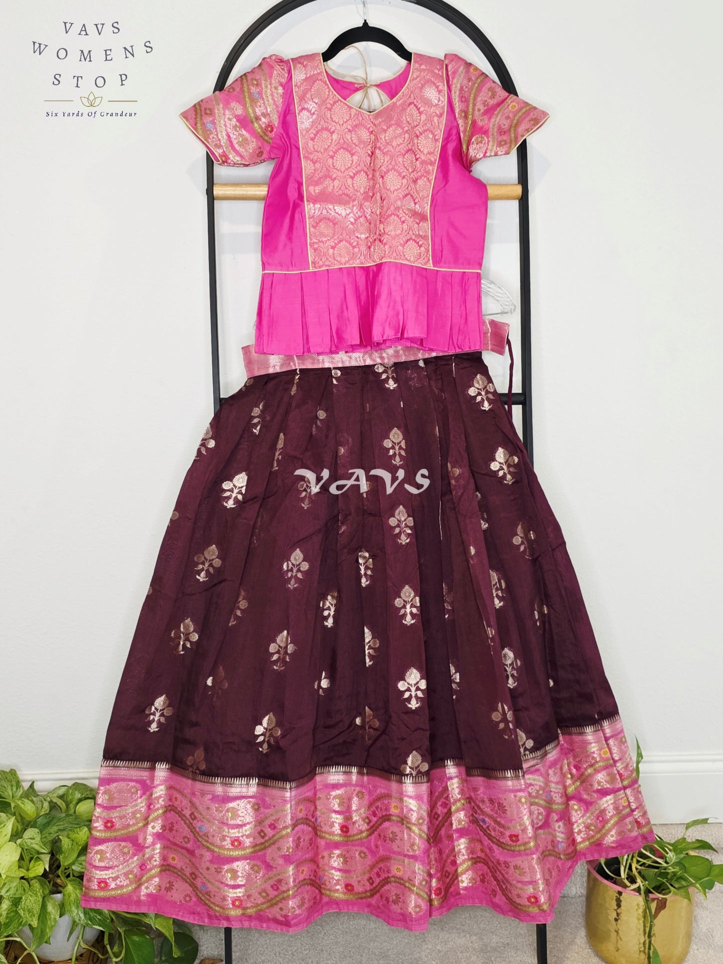 Royal Deep Plum & Fuchsia Pink Benarasi Lehenga Blouse Set for Girls Ages 9–10 Years