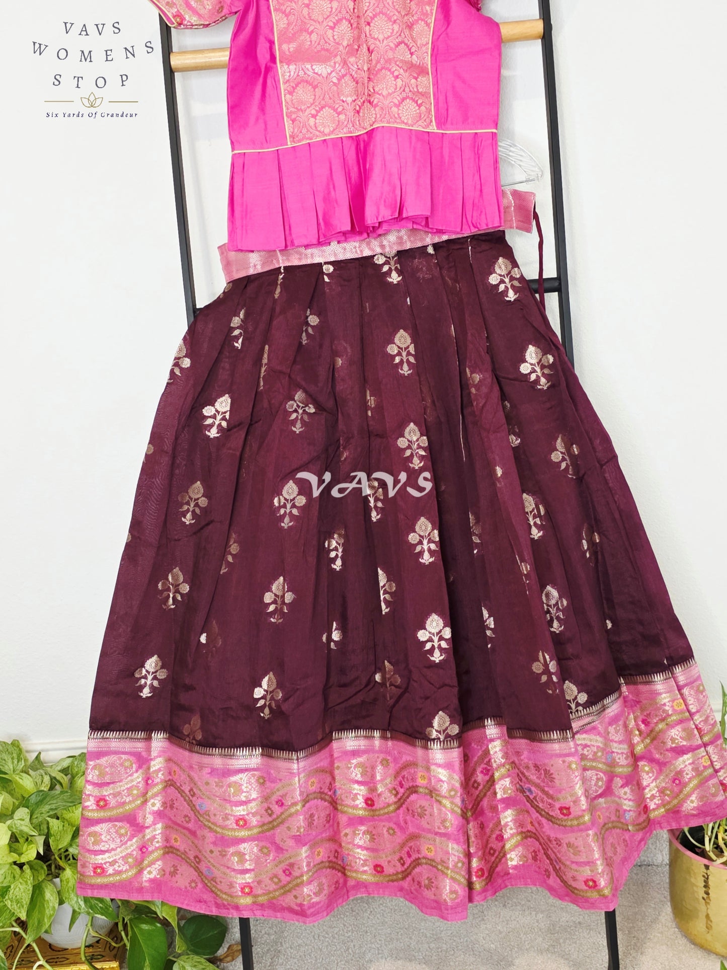 Royal Deep Plum & Fuchsia Pink Benarasi Lehenga Blouse Set for Girls Ages 9–10 Years