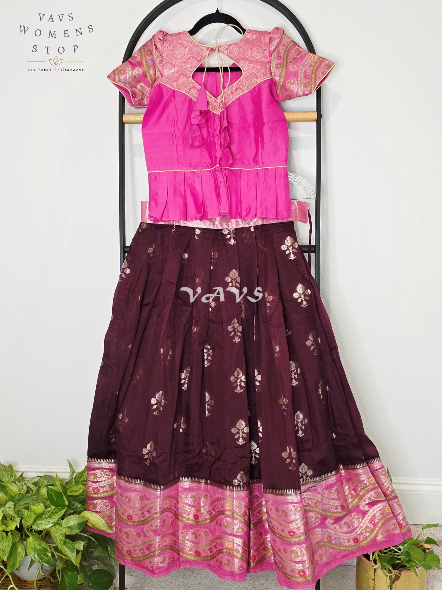 Royal Deep Plum & Fuchsia Pink Benarasi Lehenga Blouse Set for Girls Ages 9–10 Years