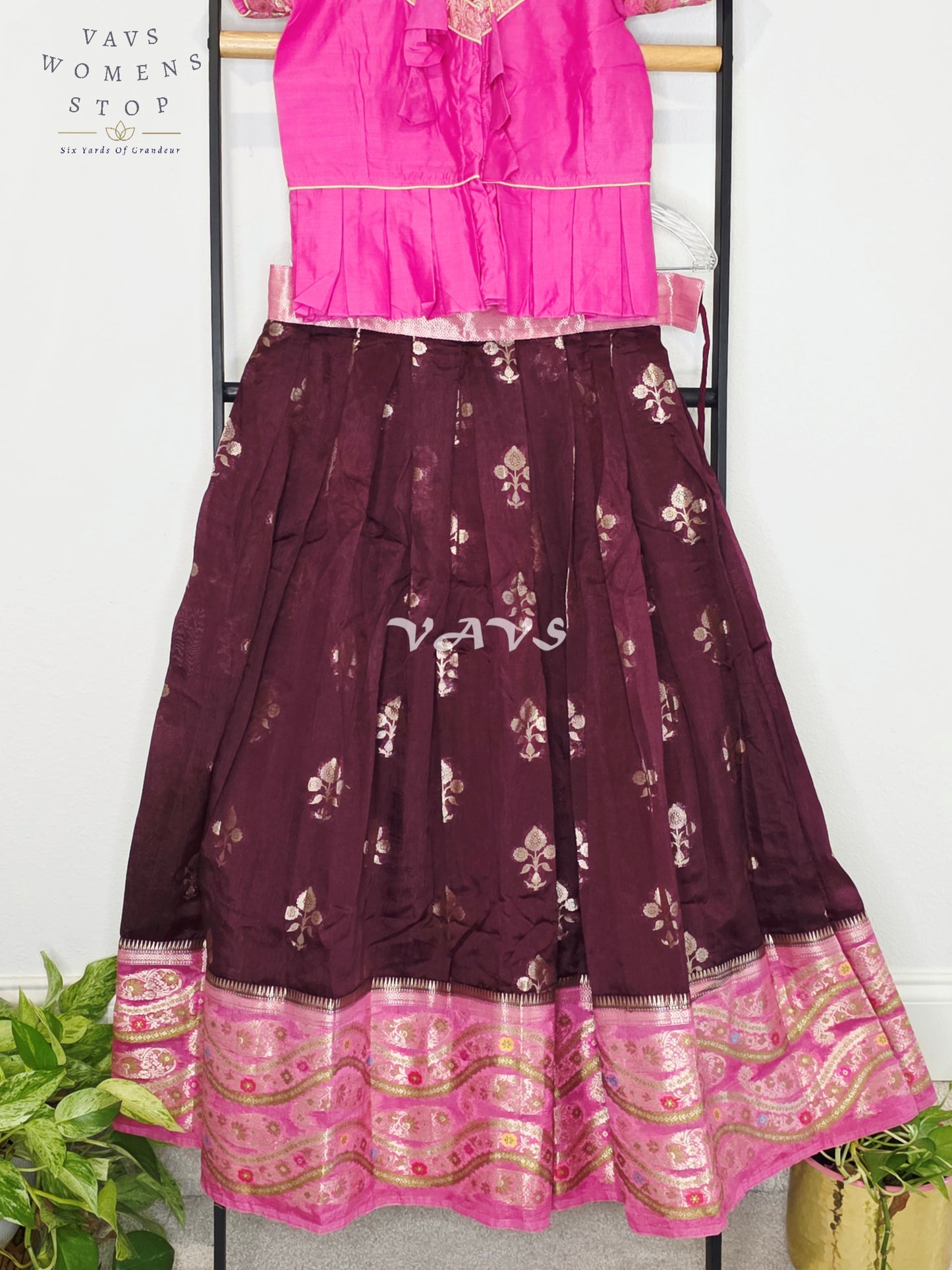 Royal Deep Plum & Fuchsia Pink Benarasi Lehenga Blouse Set for Girls Ages 9–10 Years