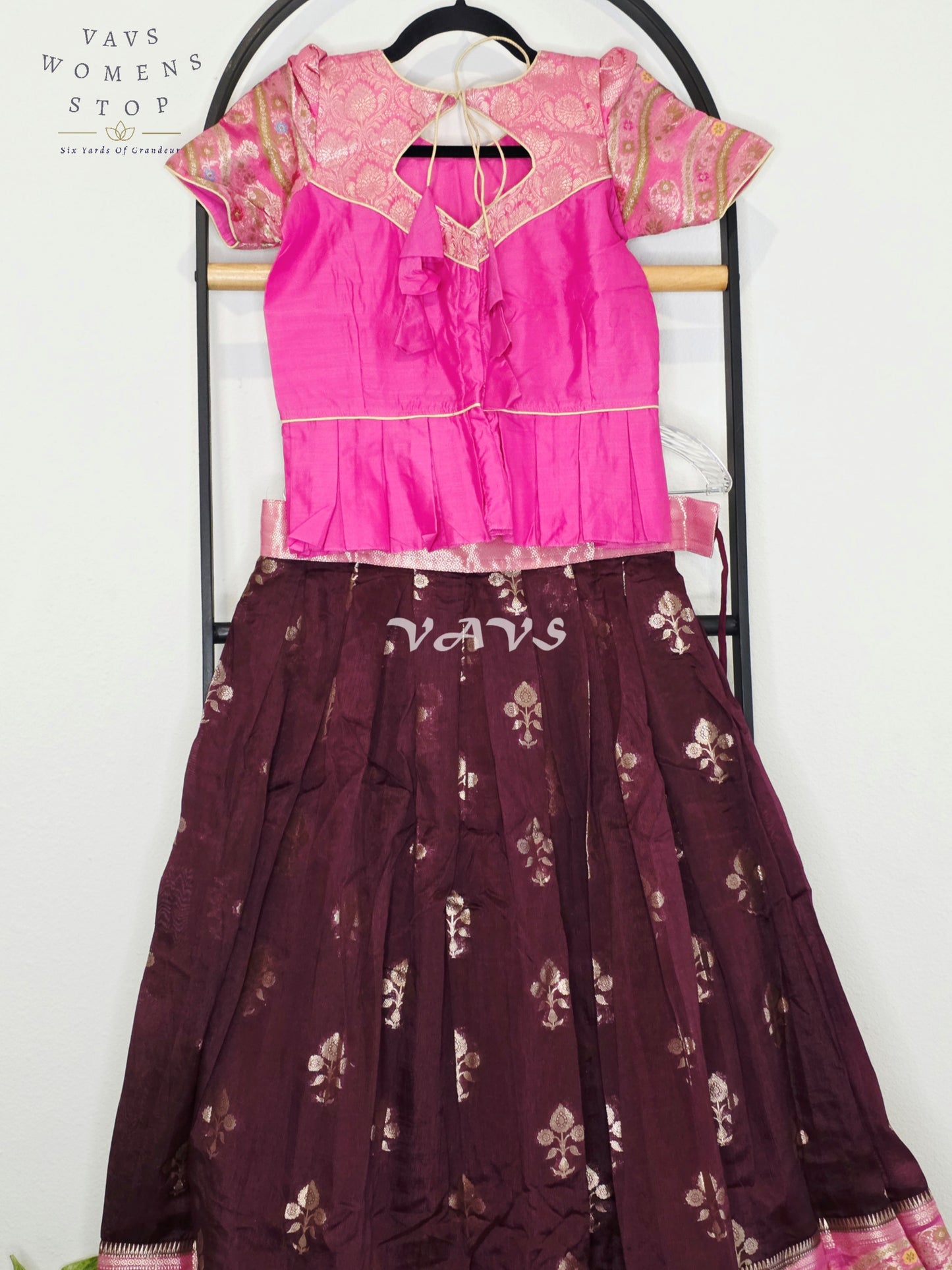 Royal Deep Plum & Fuchsia Pink Benarasi Lehenga Blouse Set for Girls Ages 9–10 Years