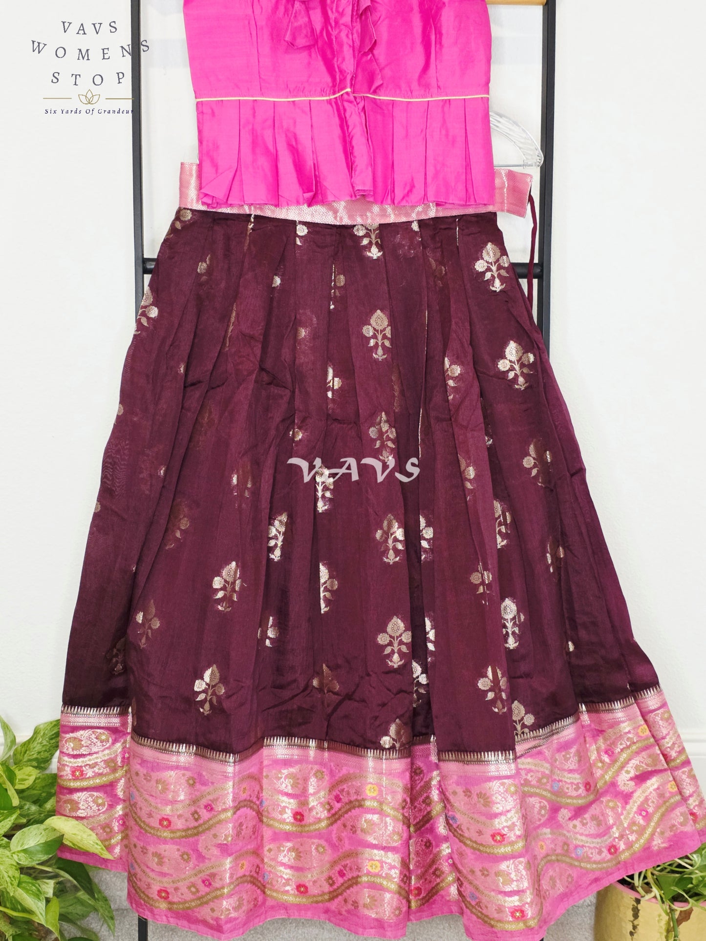 Royal Deep Plum & Fuchsia Pink Benarasi Lehenga Blouse Set for Girls Ages 9–10 Years
