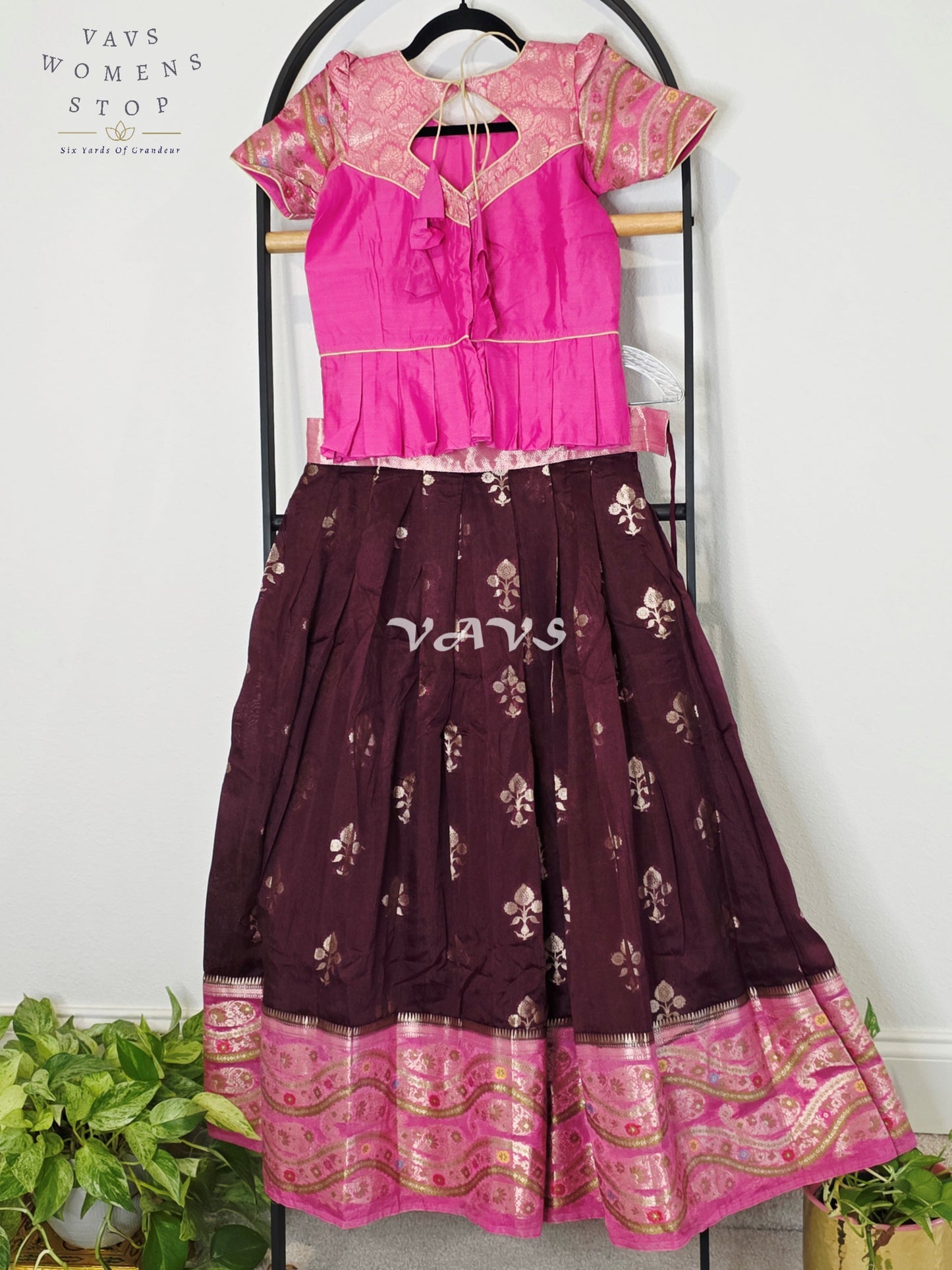 Royal Deep Plum & Fuchsia Pink Benarasi Lehenga Blouse Set for Girls Ages 9–10 Years