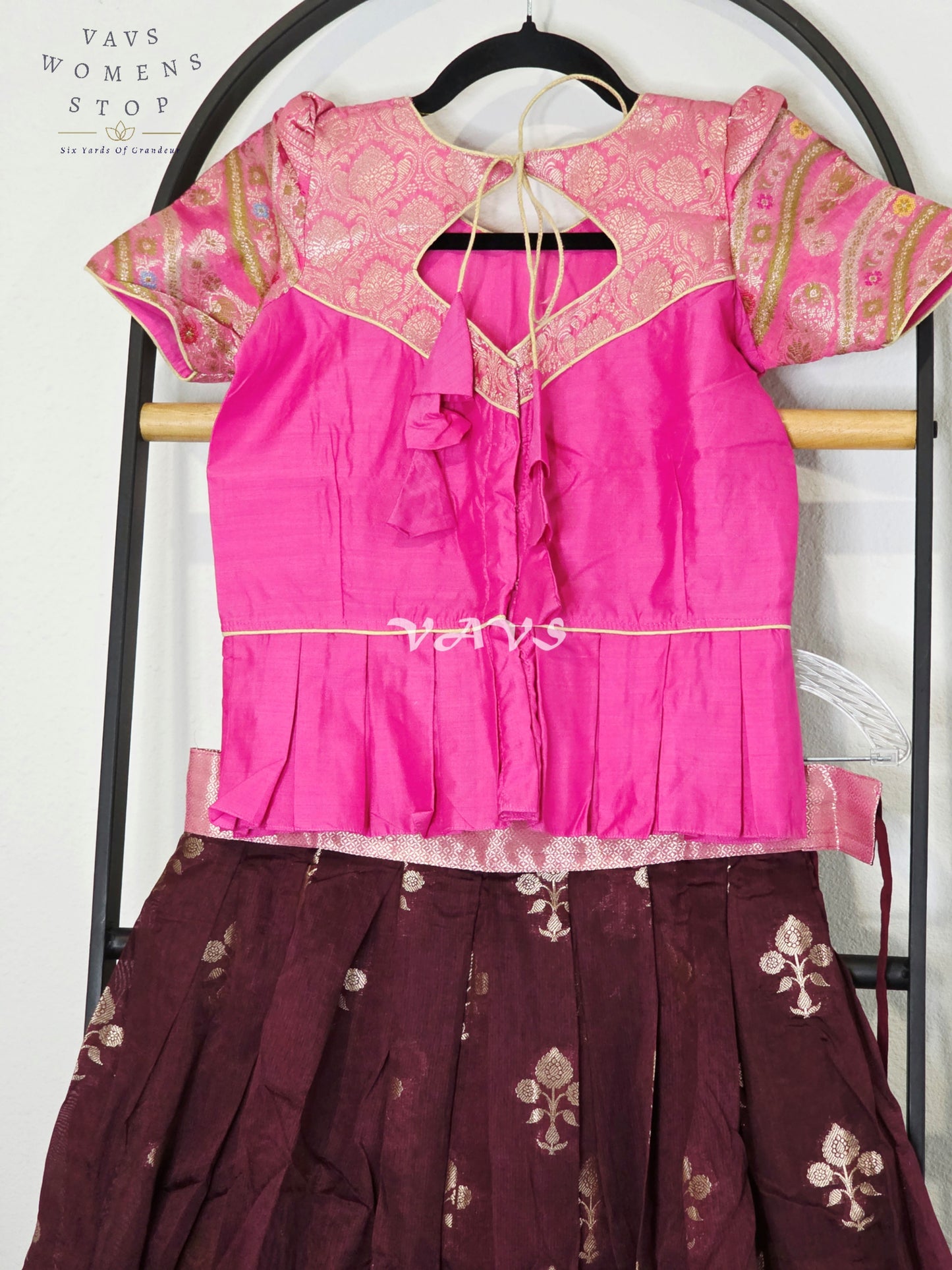 Royal Deep Plum & Fuchsia Pink Benarasi Lehenga Blouse Set for Girls Ages 9–10 Years