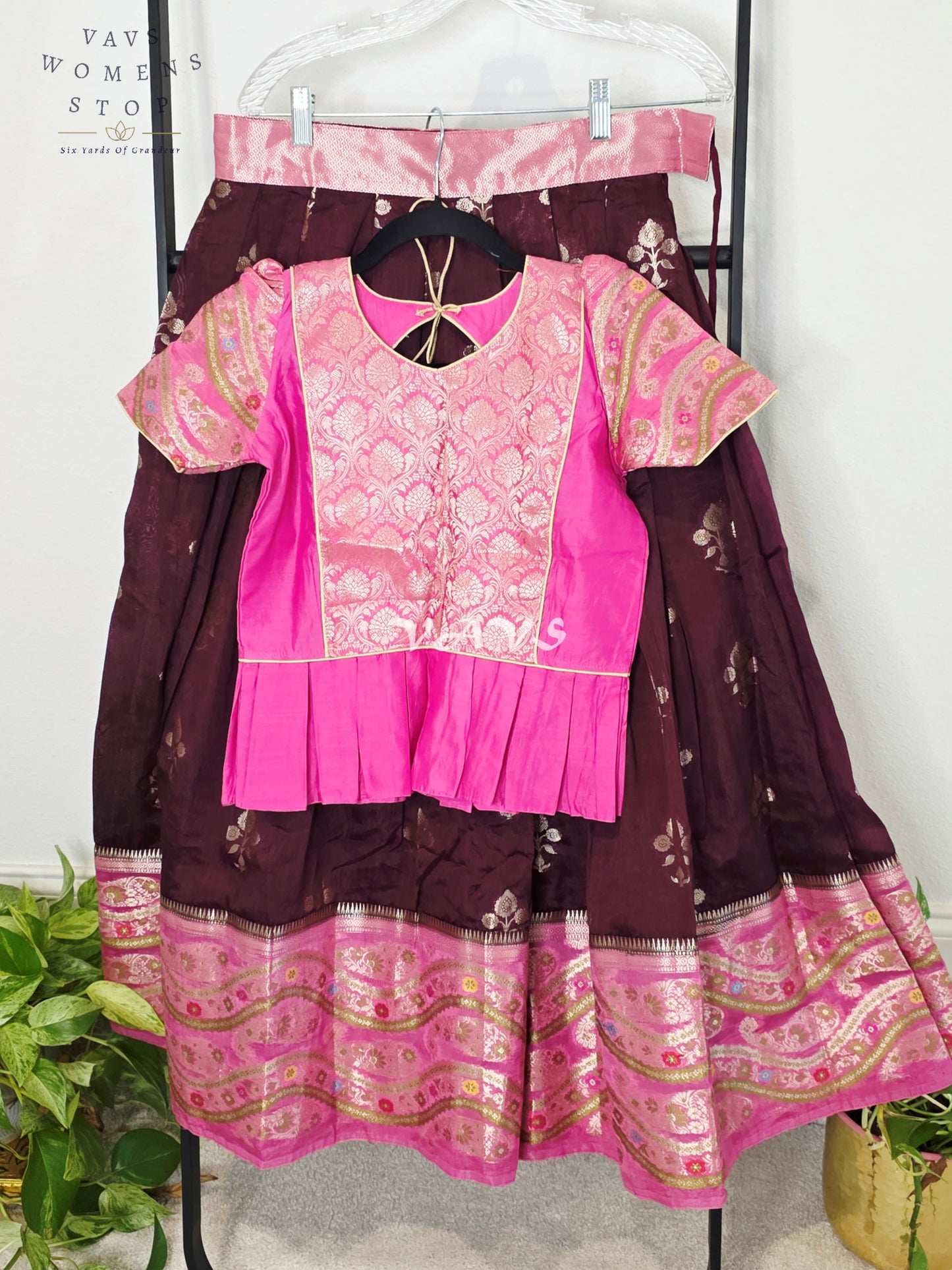 Royal Deep Plum & Fuchsia Pink Benarasi Lehenga Blouse Set for Girls Ages 9–10 Years