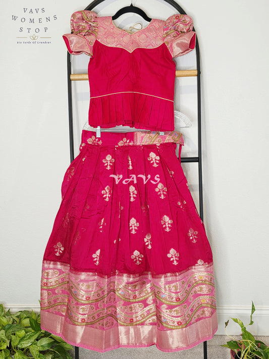 Royal Fuchsia Pink & Blush Rose Benarasi Lehenga Blouse Set with Puff Sleeves for Girls Ages 7–8