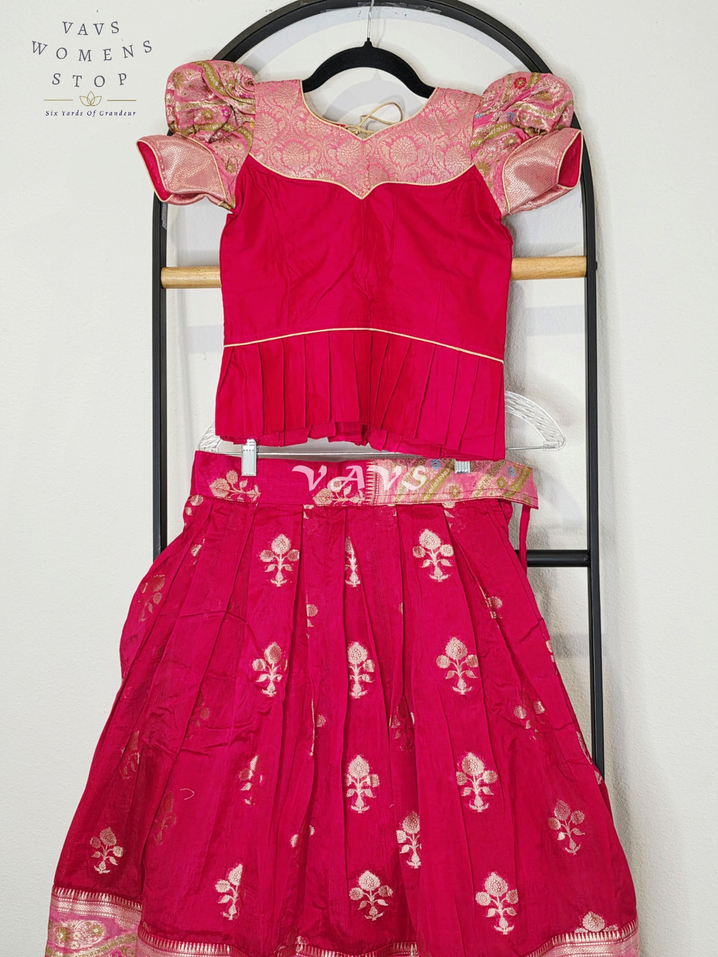 Royal Fuchsia Pink & Blush Rose Benarasi Lehenga Blouse Set with Puff Sleeves for Girls Ages 7–8