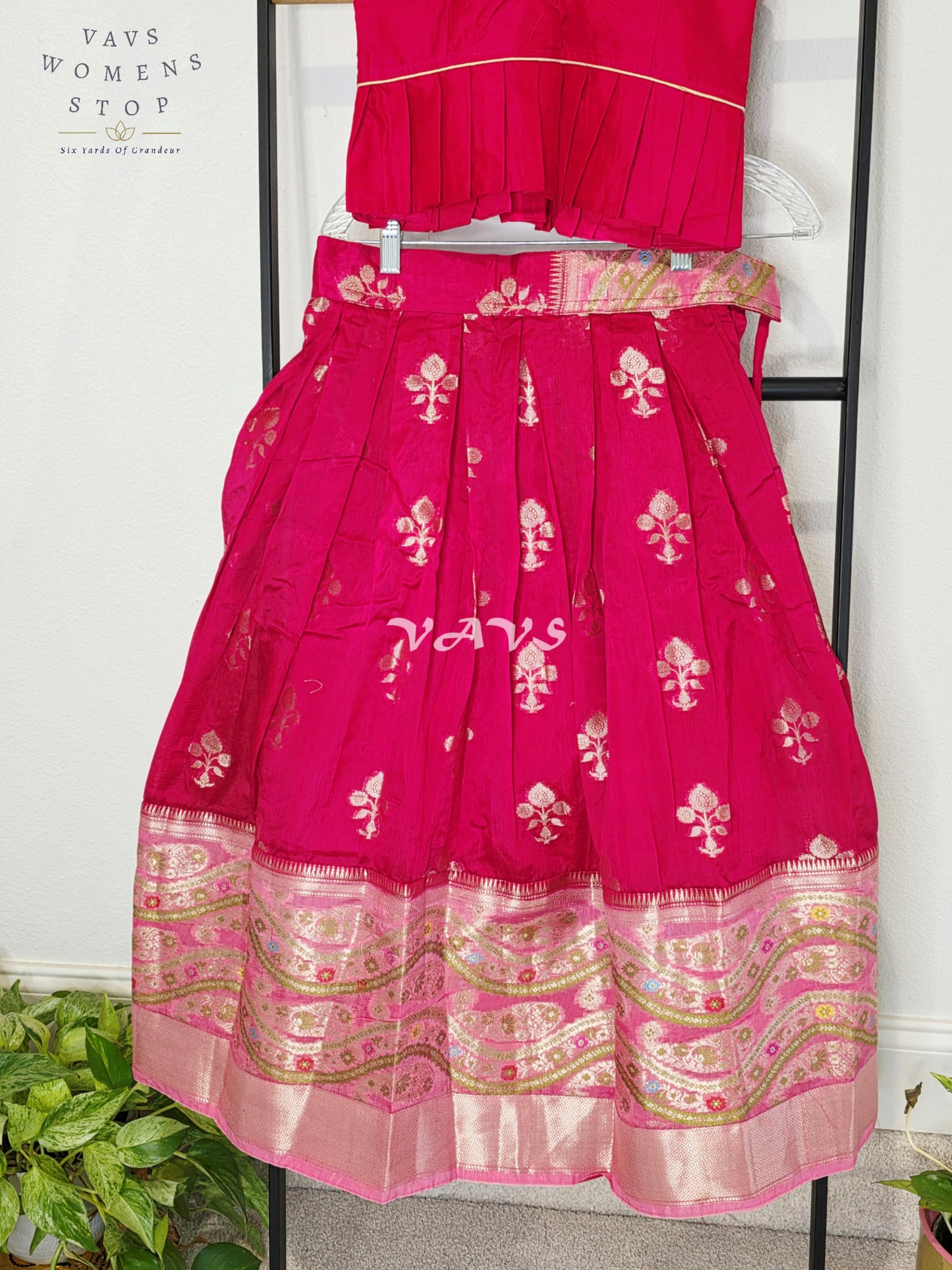 Royal Fuchsia Pink & Blush Rose Benarasi Lehenga Blouse Set with Puff Sleeves for Girls Ages 7–8