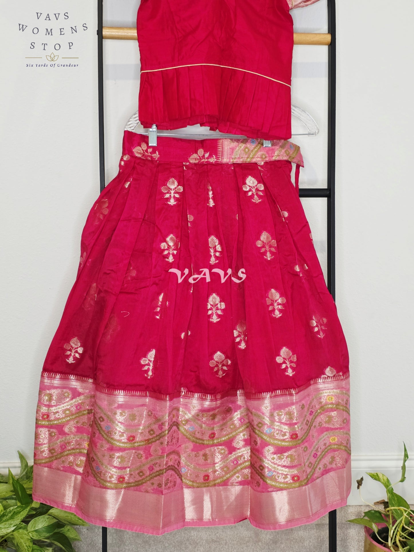 Royal Fuchsia Pink & Blush Rose Benarasi Lehenga Blouse Set with Puff Sleeves for Girls Ages 7–8