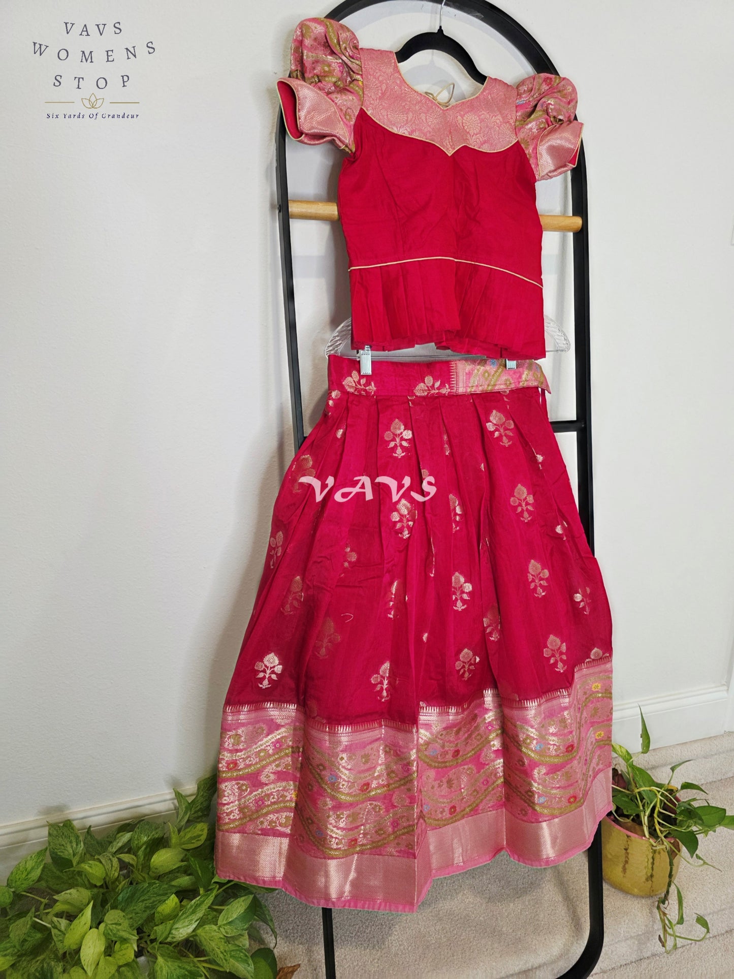 Royal Fuchsia Pink & Blush Rose Benarasi Lehenga Blouse Set with Puff Sleeves for Girls Ages 7–8
