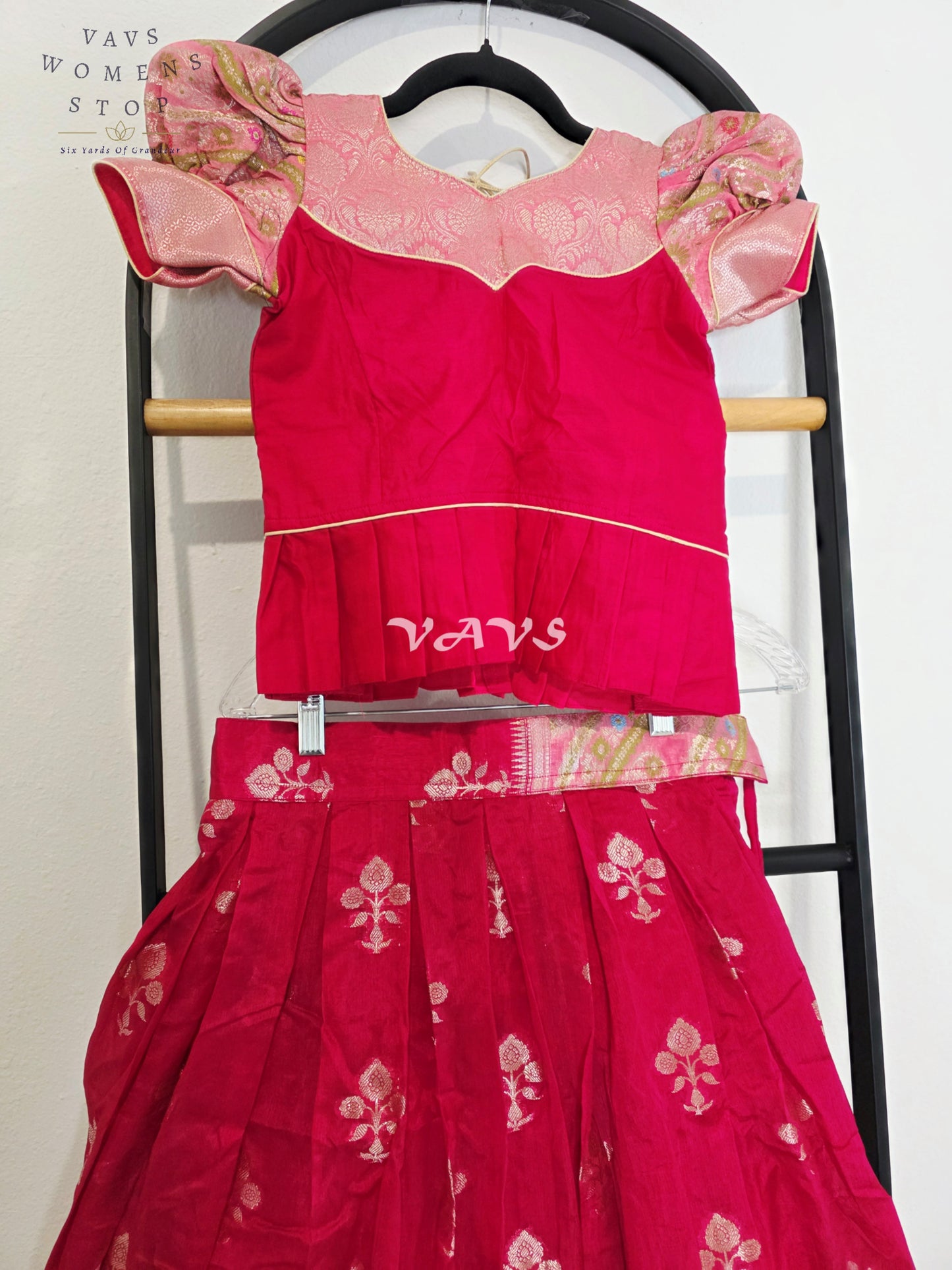 Royal Fuchsia Pink & Blush Rose Benarasi Lehenga Blouse Set with Puff Sleeves for Girls Ages 7–8