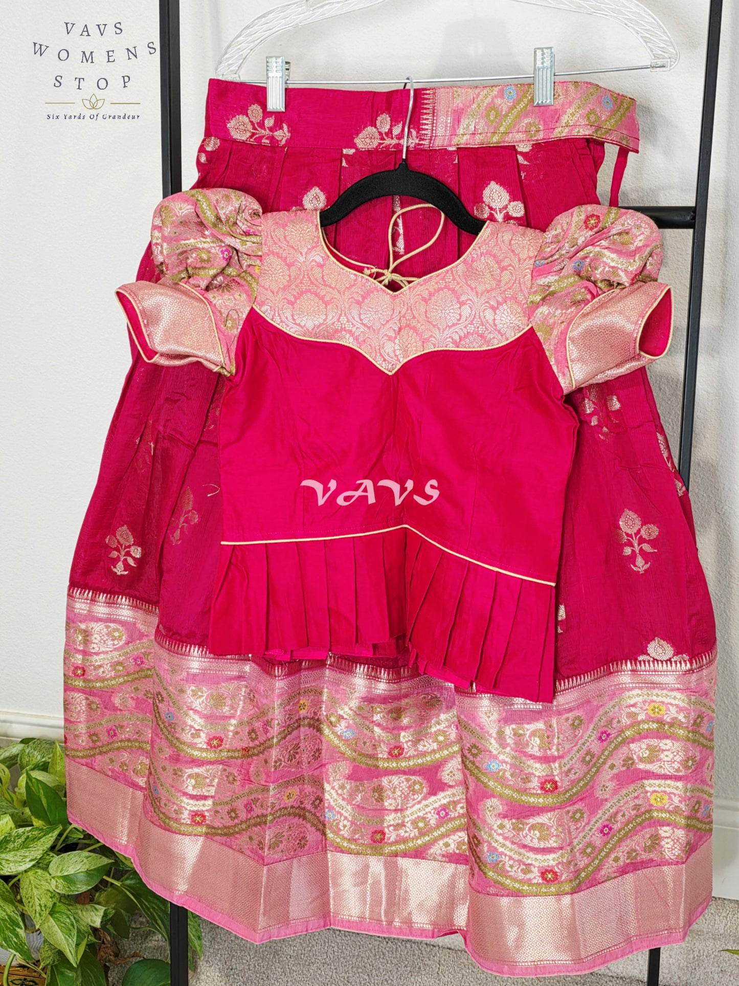 Royal Fuchsia Pink & Blush Rose Benarasi Lehenga Blouse Set with Puff Sleeves for Girls Ages 7–8