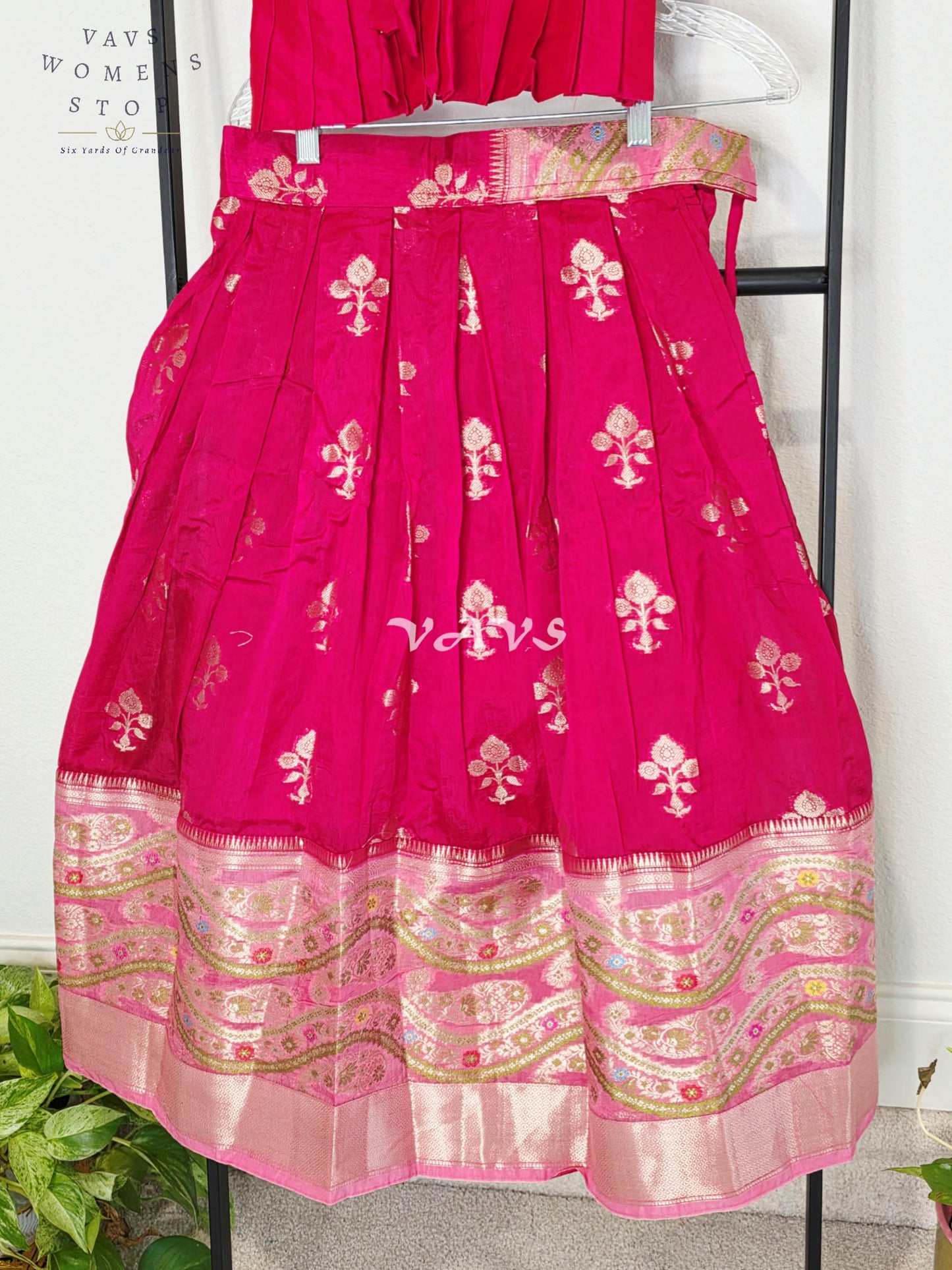 Royal Fuchsia Pink & Blush Rose Benarasi Lehenga Blouse Set with Puff Sleeves for Girls Ages 7–8