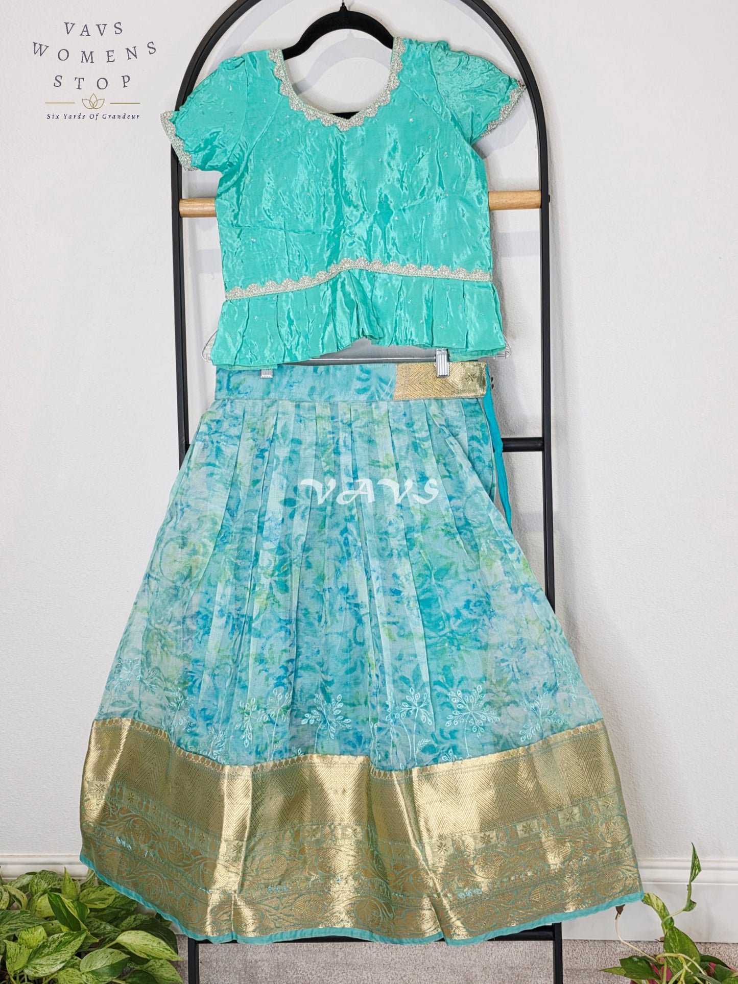 Royal Aqua Mist & Seafoam Mint Shibori Print Organza Lehenga Set for Girls Ages 6–7