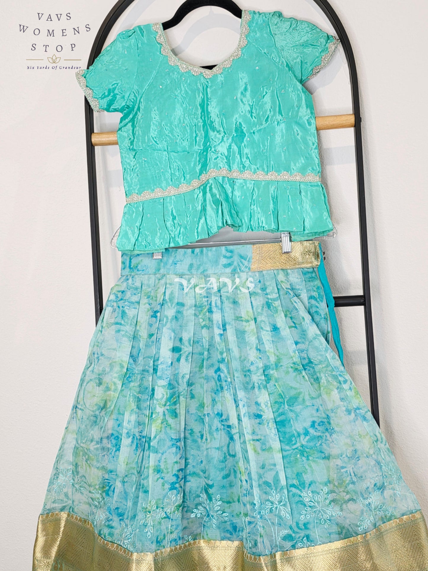 Royal Aqua Mist & Seafoam Mint Shibori Print Organza Lehenga Set for Girls Ages 6–7