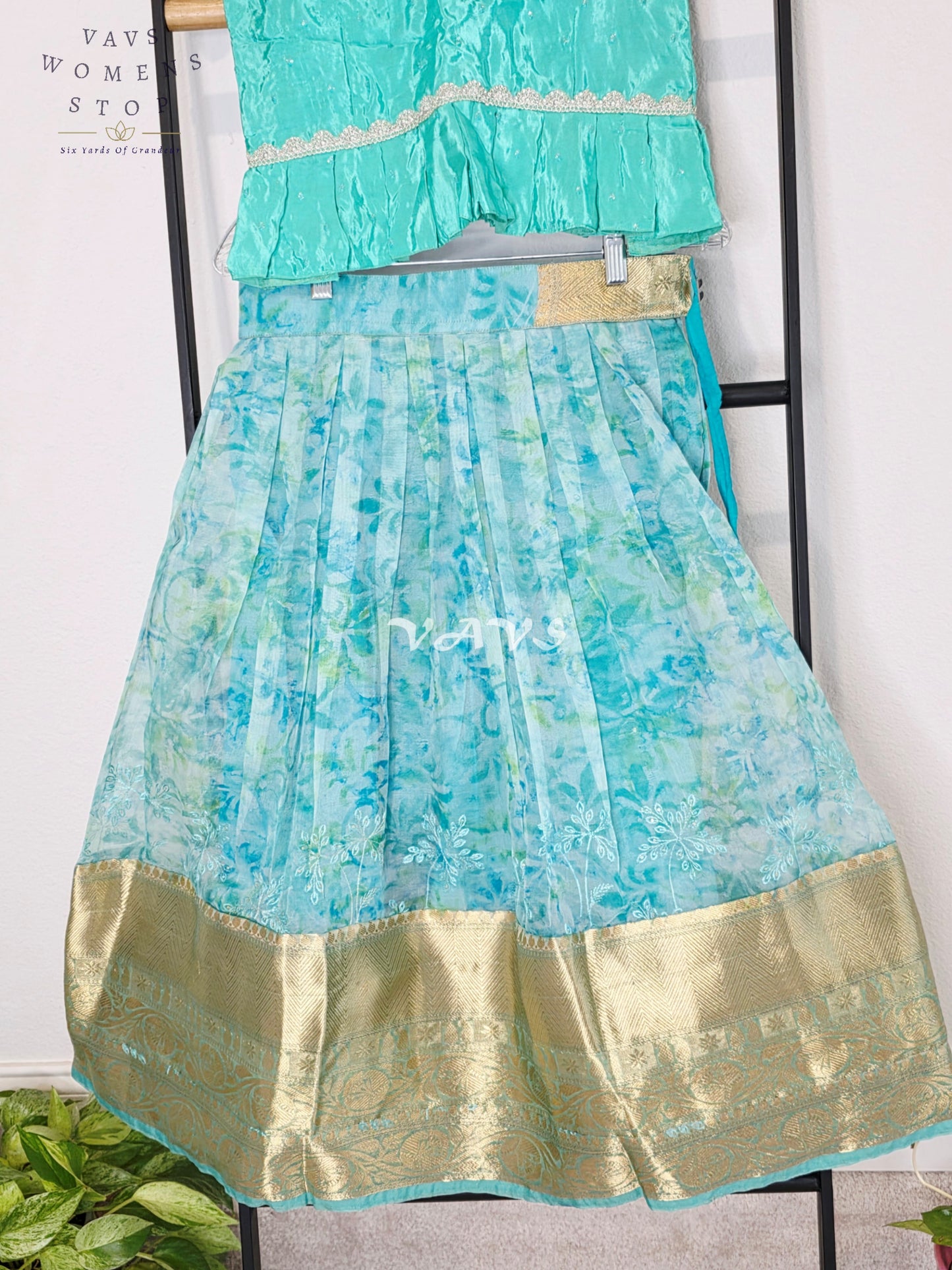 Royal Aqua Mist & Seafoam Mint Shibori Print Organza Lehenga Set for Girls Ages 6–7