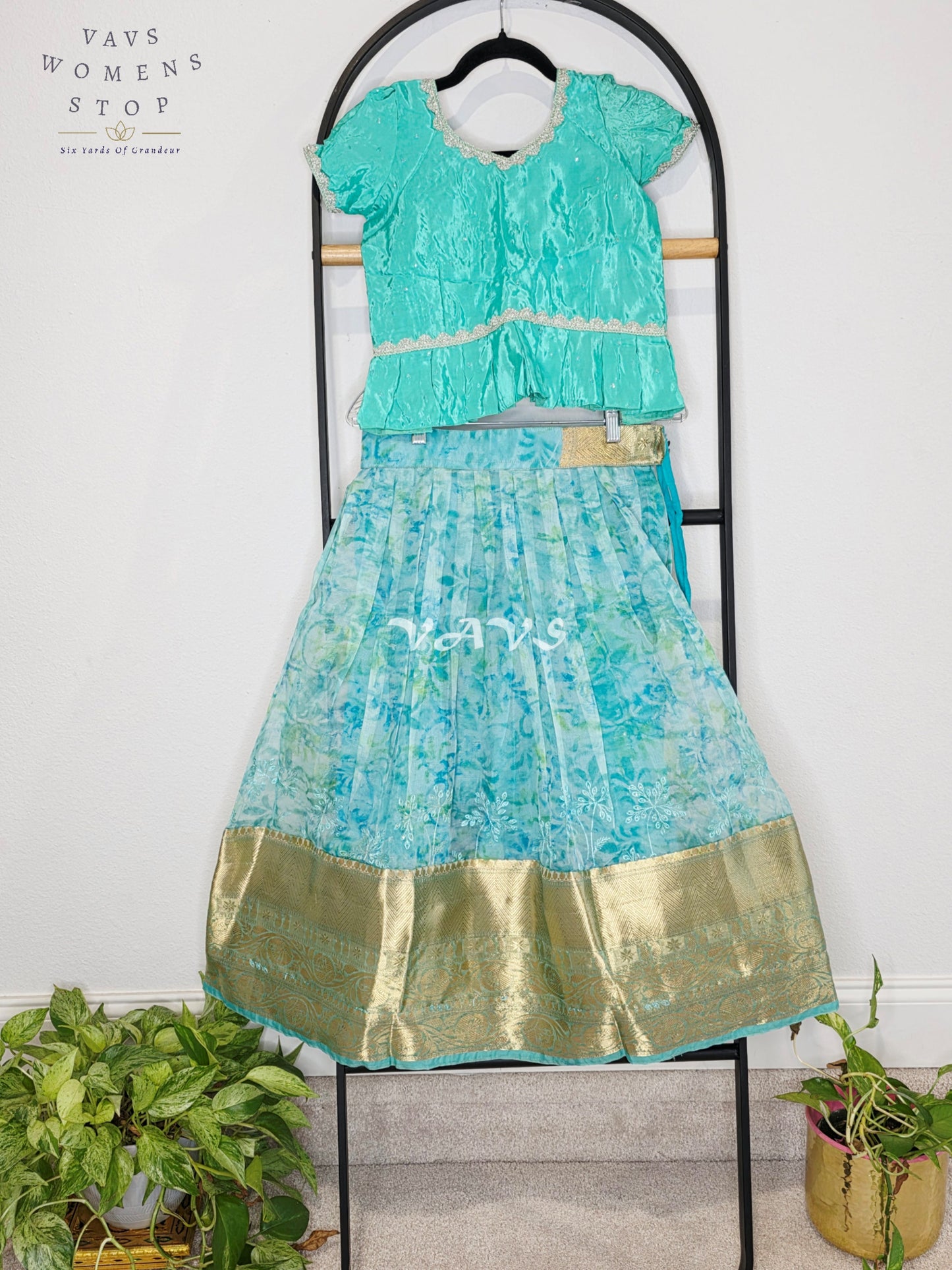 Royal Aqua Mist & Seafoam Mint Shibori Print Organza Lehenga Set for Girls Ages 6–7