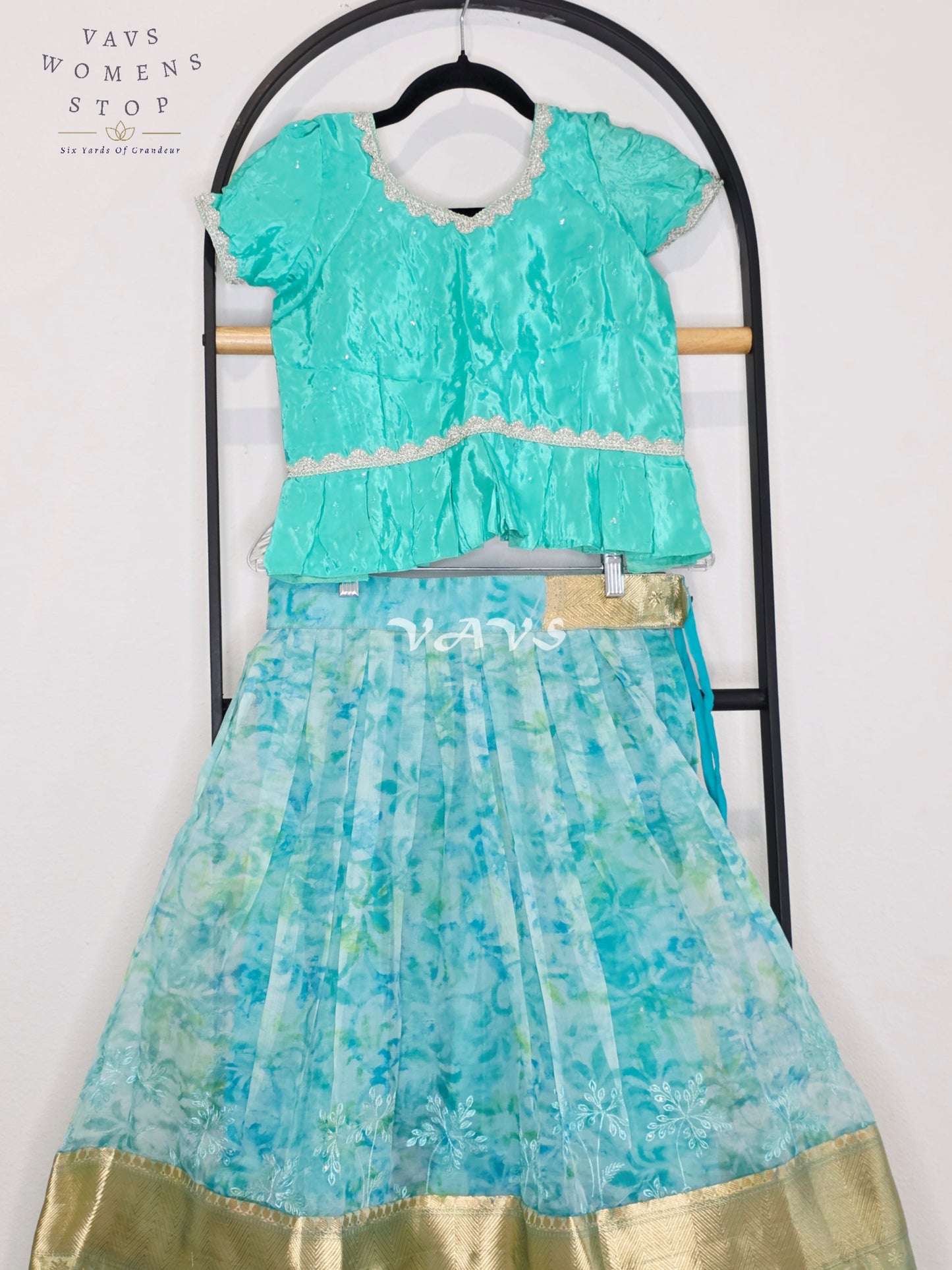 Royal Aqua Mist & Seafoam Mint Shibori Print Organza Lehenga Set for Girls Ages 6–7