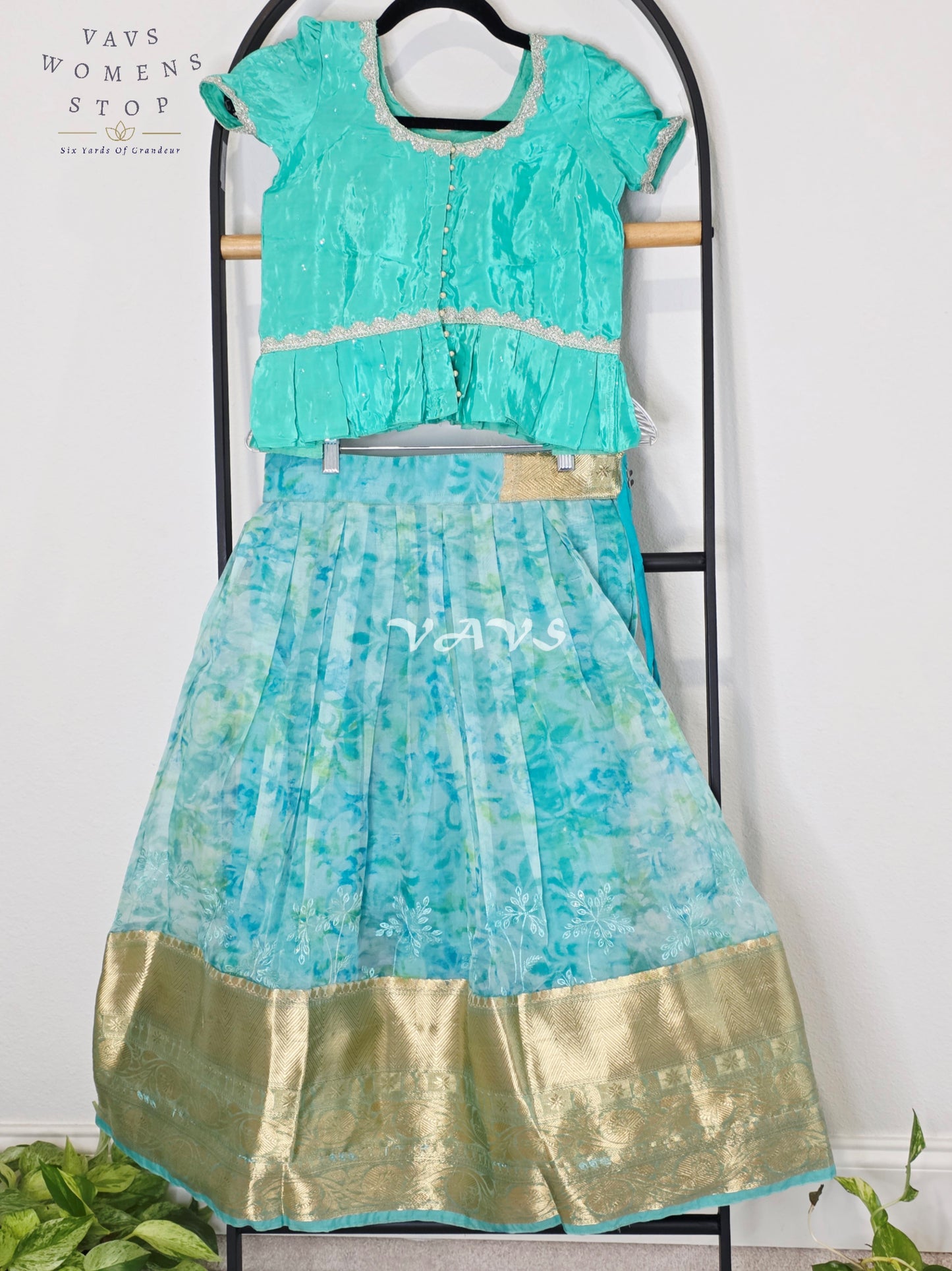 Royal Aqua Mist & Seafoam Mint Shibori Print Organza Lehenga Set for Girls Ages 6–7
