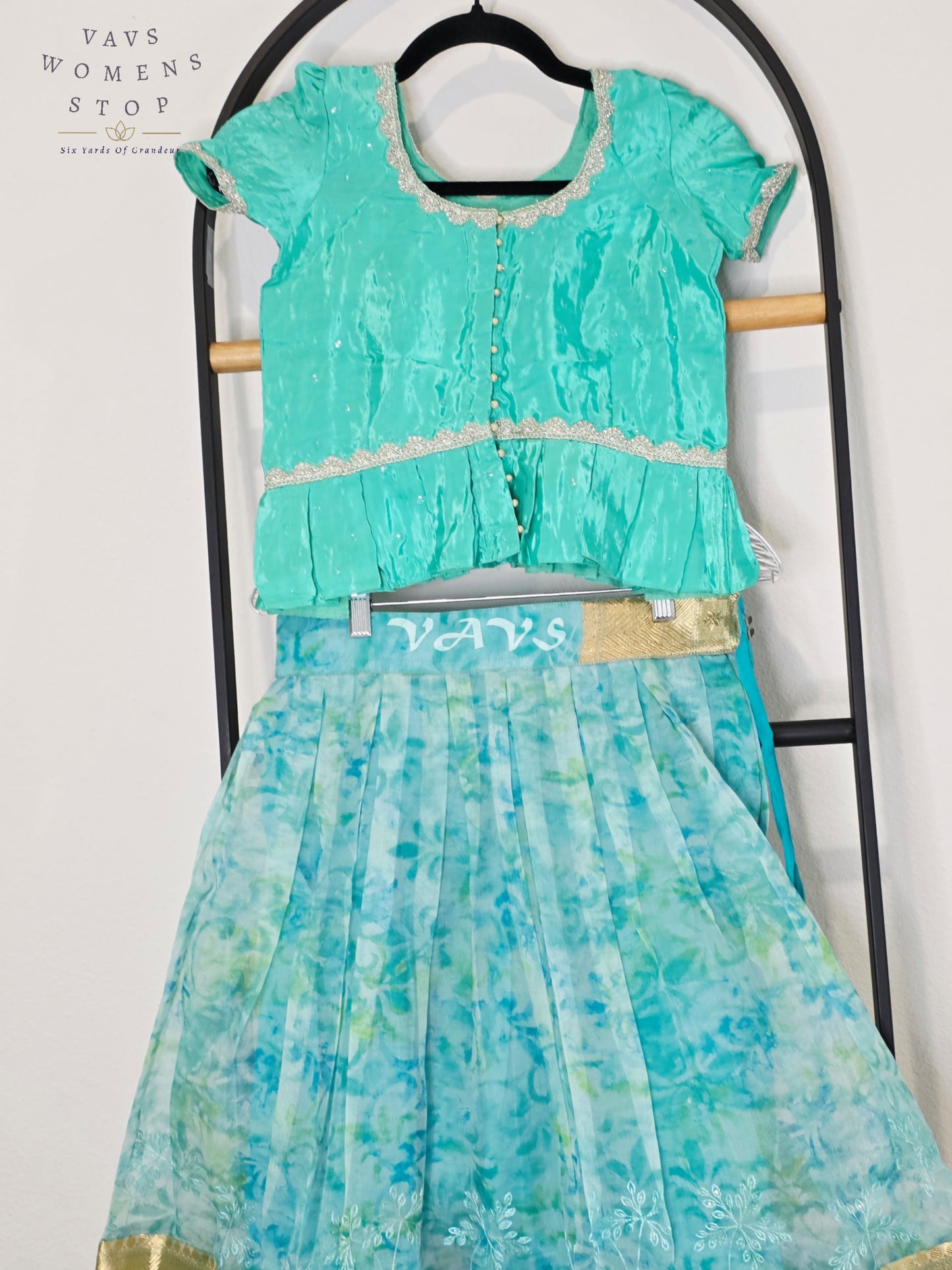 Royal Aqua Mist & Seafoam Mint Shibori Print Organza Lehenga Set for Girls Ages 6–7