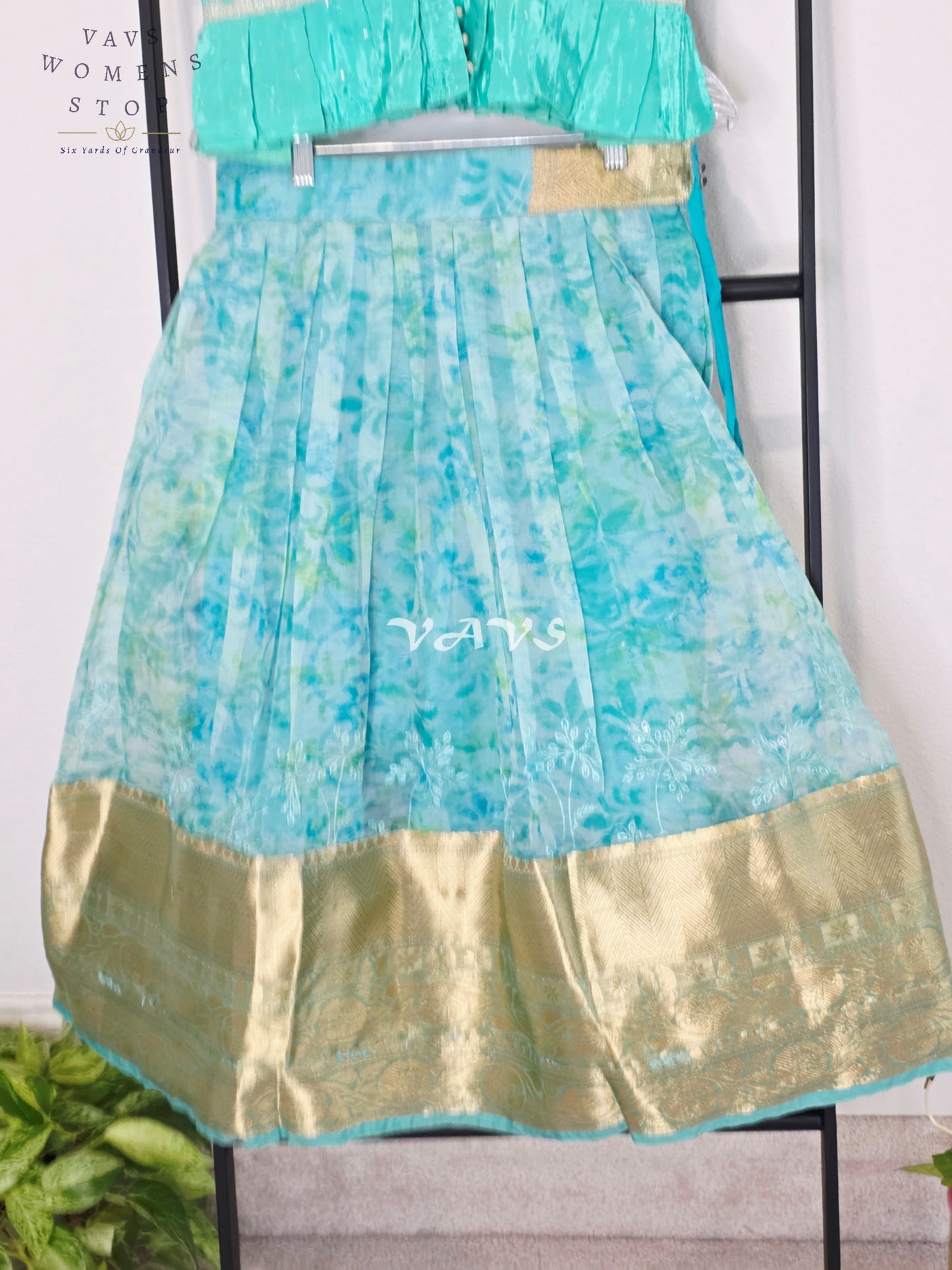 Royal Aqua Mist & Seafoam Mint Shibori Print Organza Lehenga Set for Girls Ages 6–7