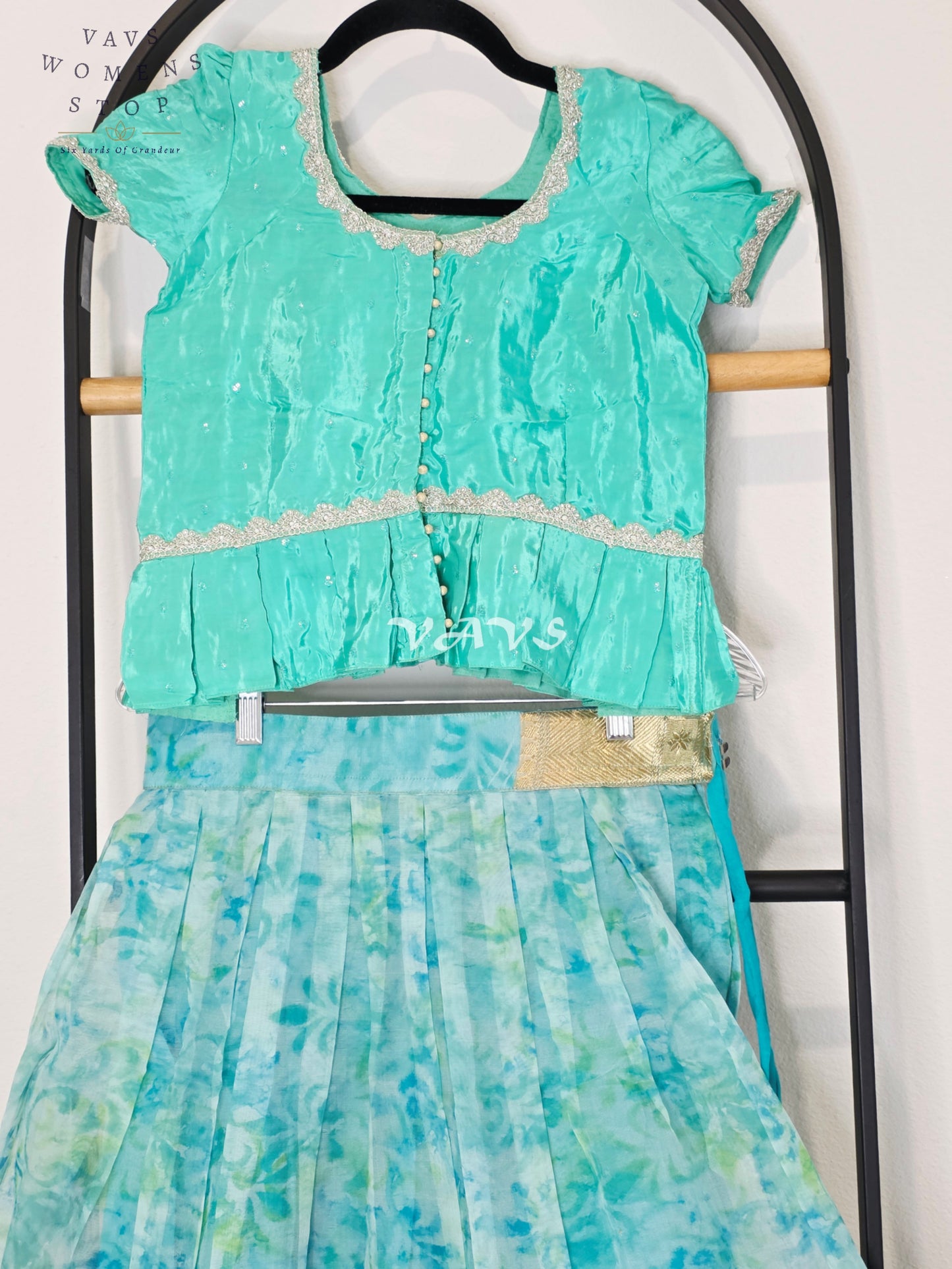 Royal Aqua Mist & Seafoam Mint Shibori Print Organza Lehenga Set for Girls Ages 6–7