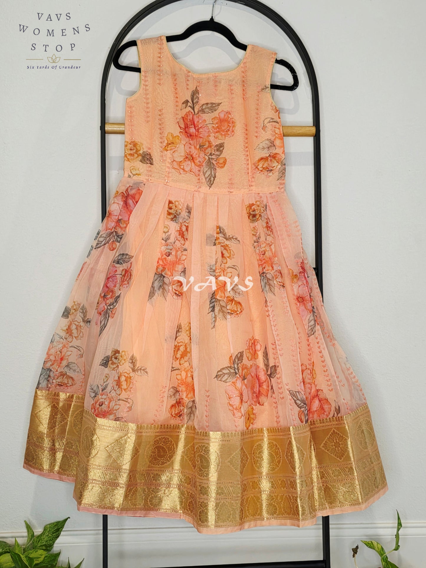 Royal Coral Sunset & Blush Peach Floral Print Organza Long Frock with Designer Overcoat Set for Girls Ages 7–8
