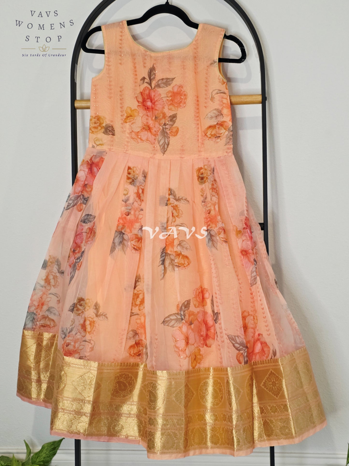 Royal Coral Sunset & Blush Peach Floral Print Organza Long Frock with Designer Overcoat Set for Girls Ages 7–8