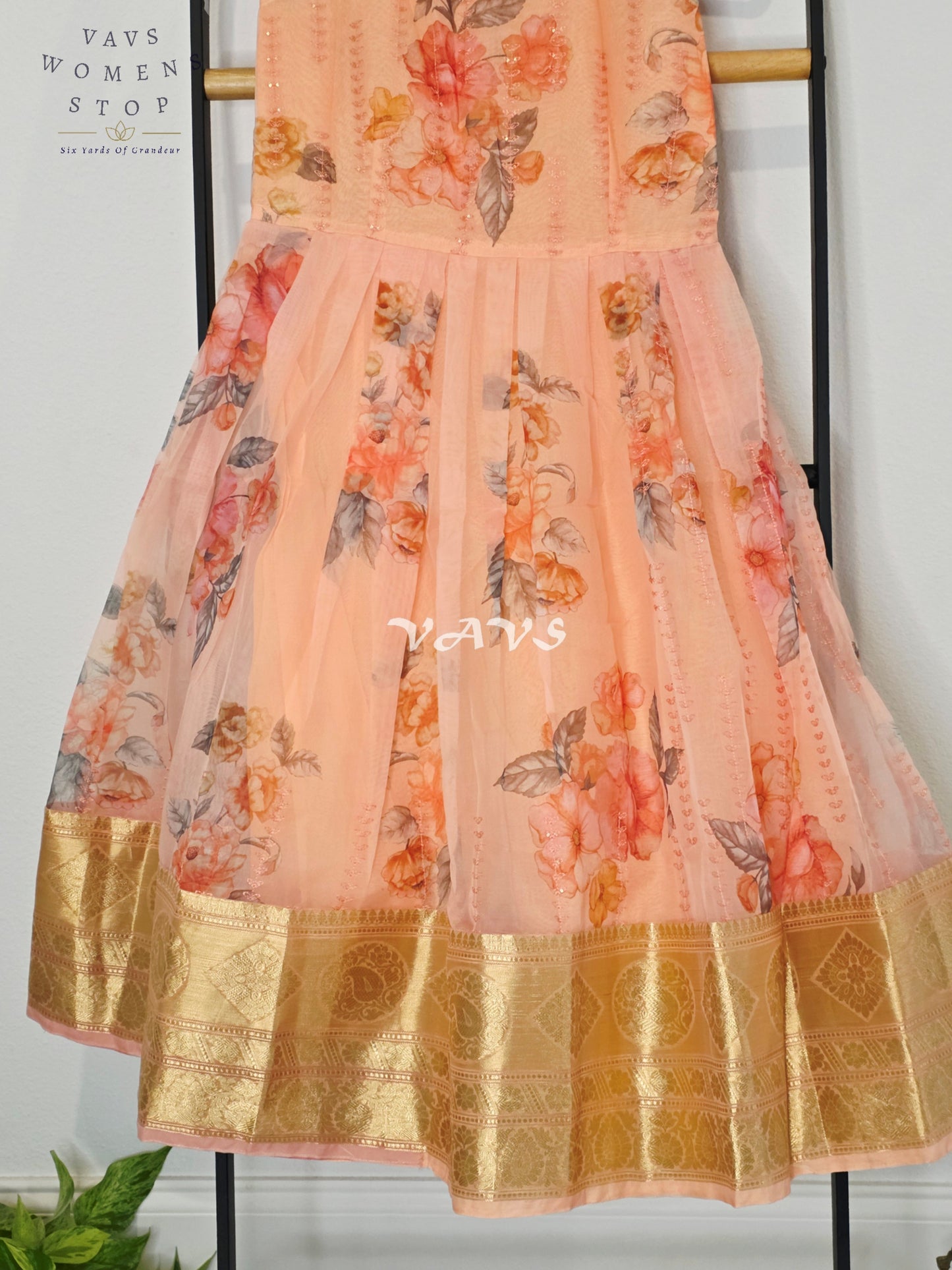 Royal Coral Sunset & Blush Peach Floral Print Organza Long Frock with Designer Overcoat Set for Girls Ages 7–8