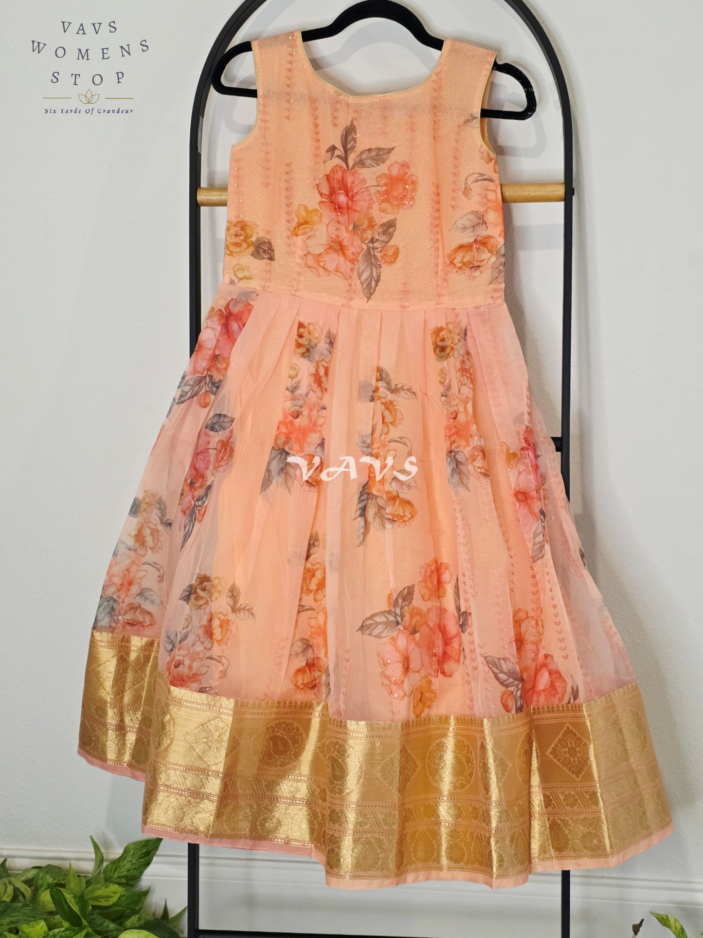 Royal Coral Sunset & Blush Peach Floral Print Organza Long Frock with Designer Overcoat Set for Girls Ages 7–8