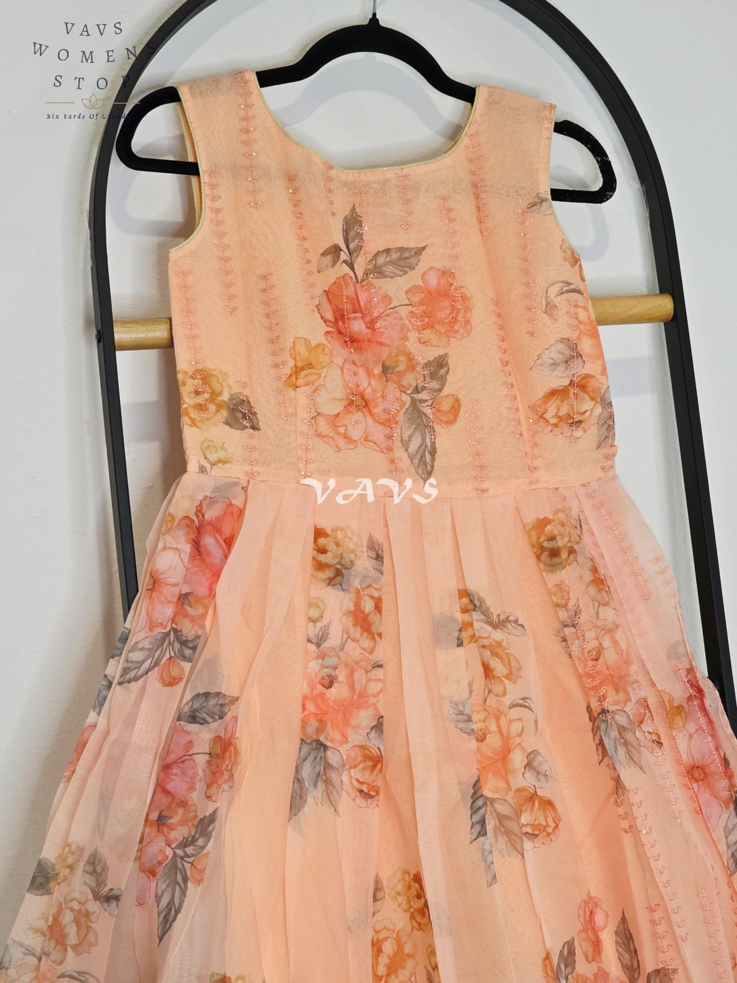 Royal Coral Sunset & Blush Peach Floral Print Organza Long Frock with Designer Overcoat Set for Girls Ages 7–8