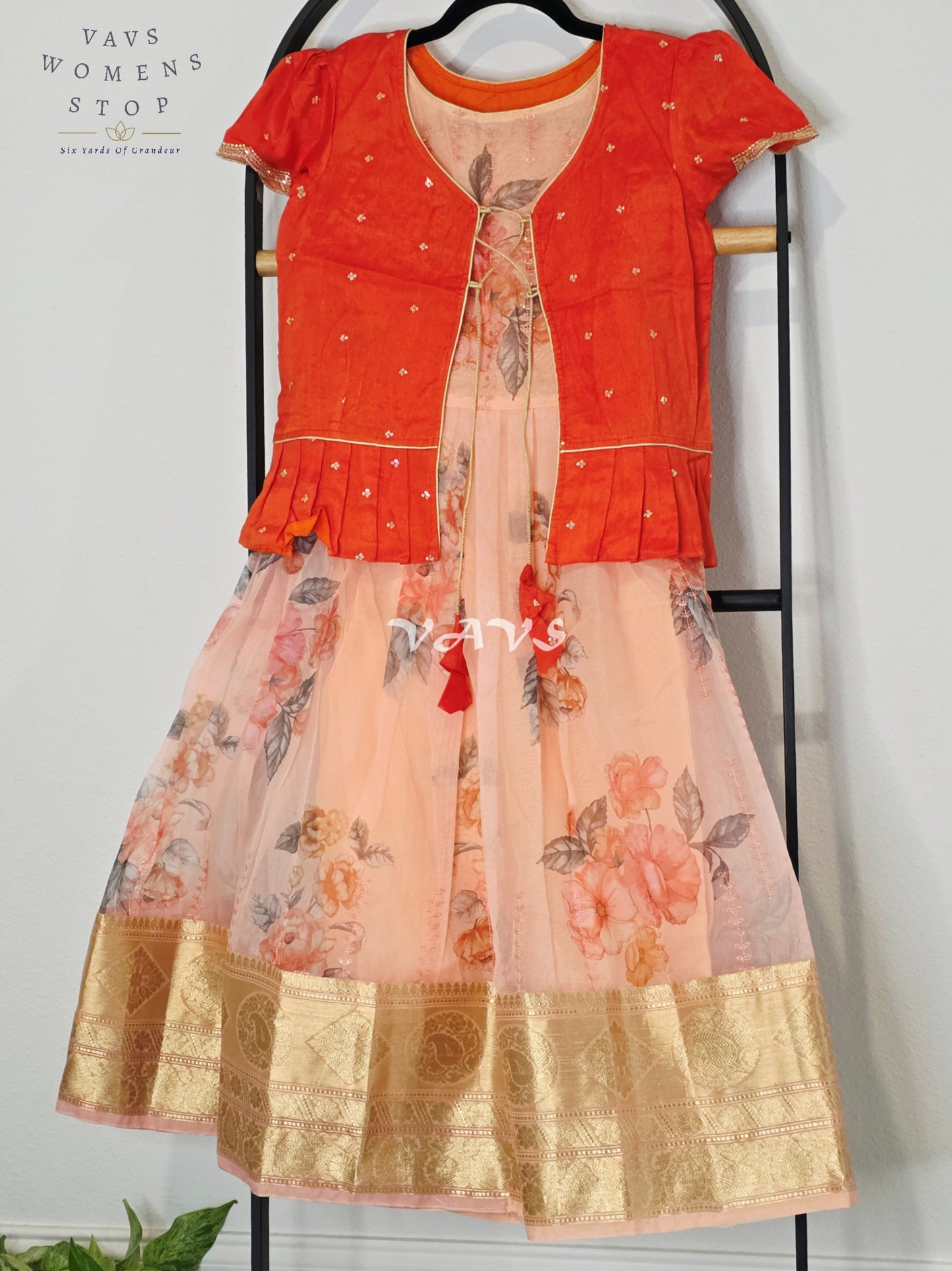 Royal Coral Sunset & Blush Peach Floral Print Organza Long Frock with Designer Overcoat Set for Girls Ages 7–8