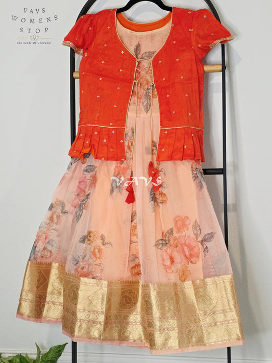 Royal Coral Sunset & Blush Peach Floral Print Organza Long Frock with Designer Overcoat Set for Girls Ages 7–8