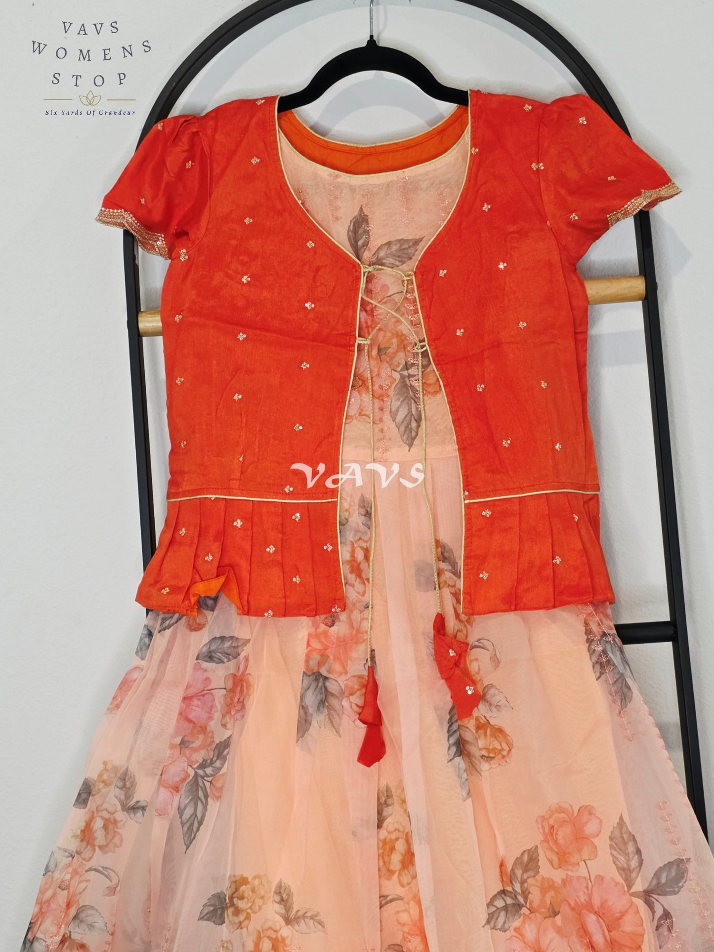 Royal Coral Sunset & Blush Peach Floral Print Organza Long Frock with Designer Overcoat Set for Girls Ages 7–8