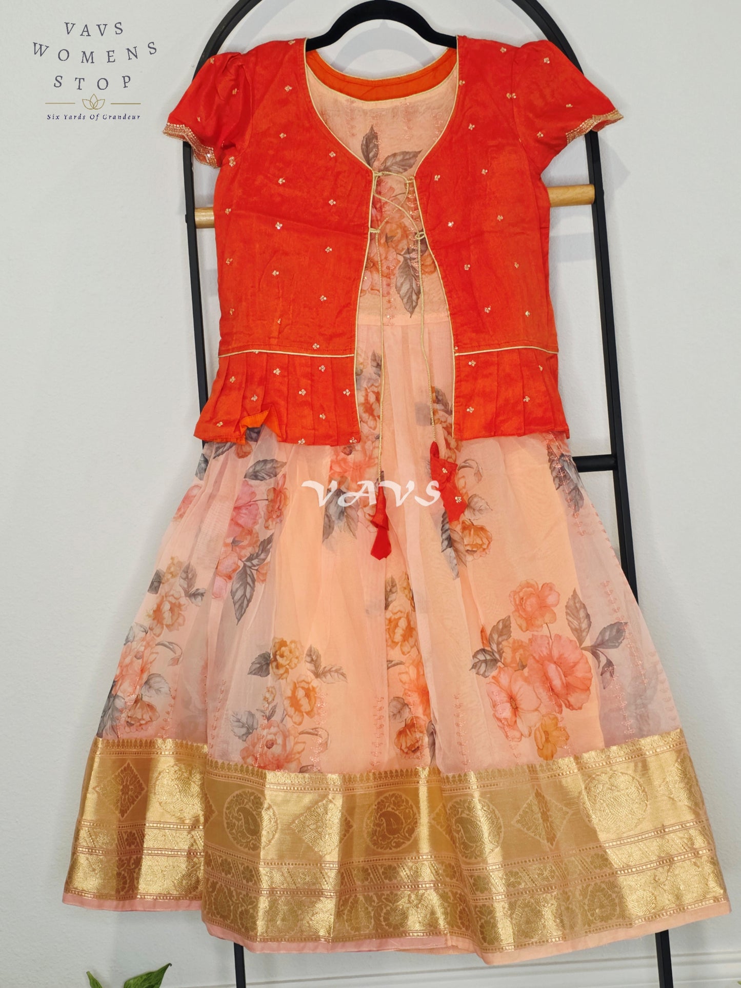 Royal Coral Sunset & Blush Peach Floral Print Organza Long Frock with Designer Overcoat Set for Girls Ages 7–8