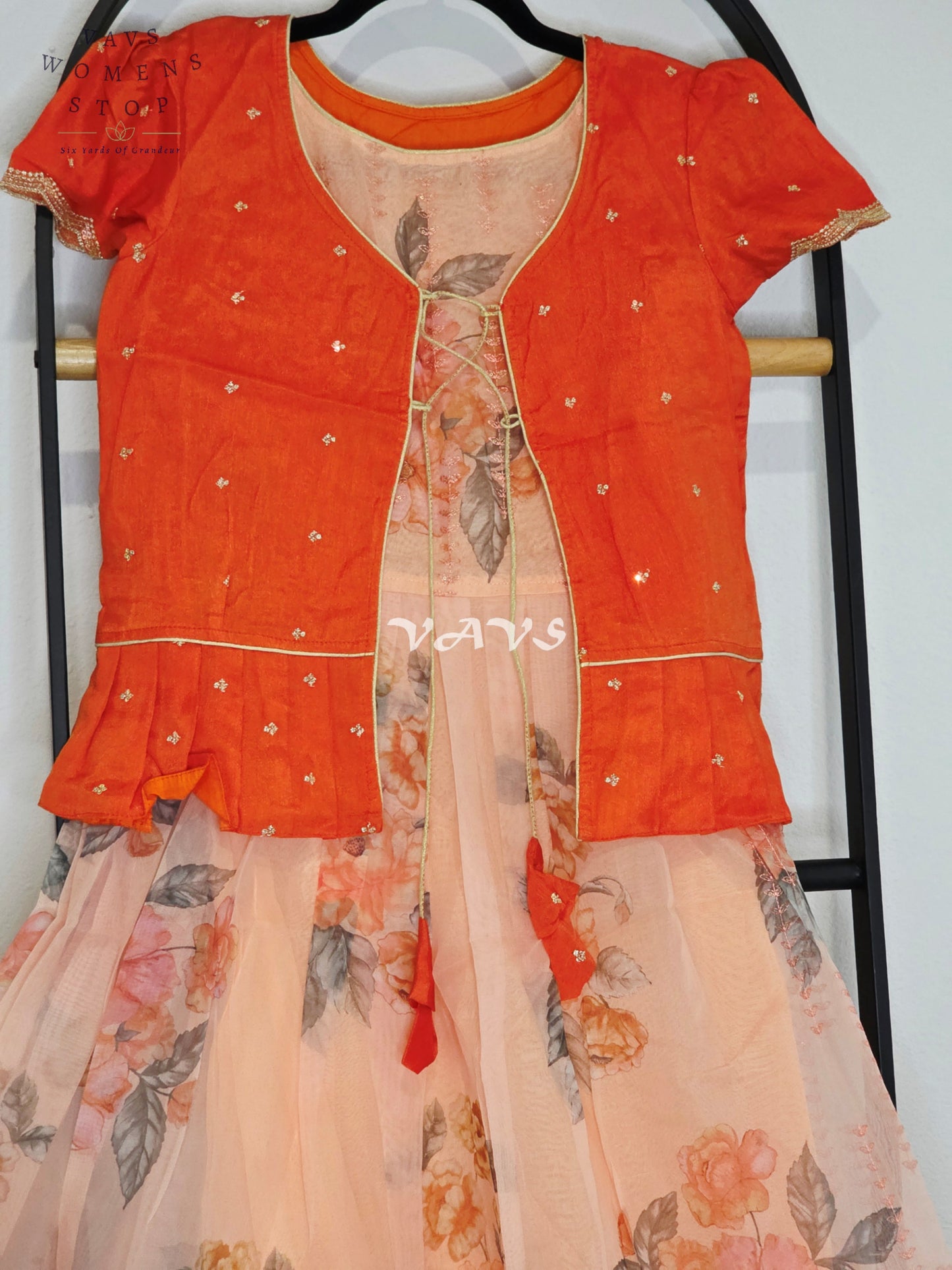 Royal Coral Sunset & Blush Peach Floral Print Organza Long Frock with Designer Overcoat Set for Girls Ages 7–8