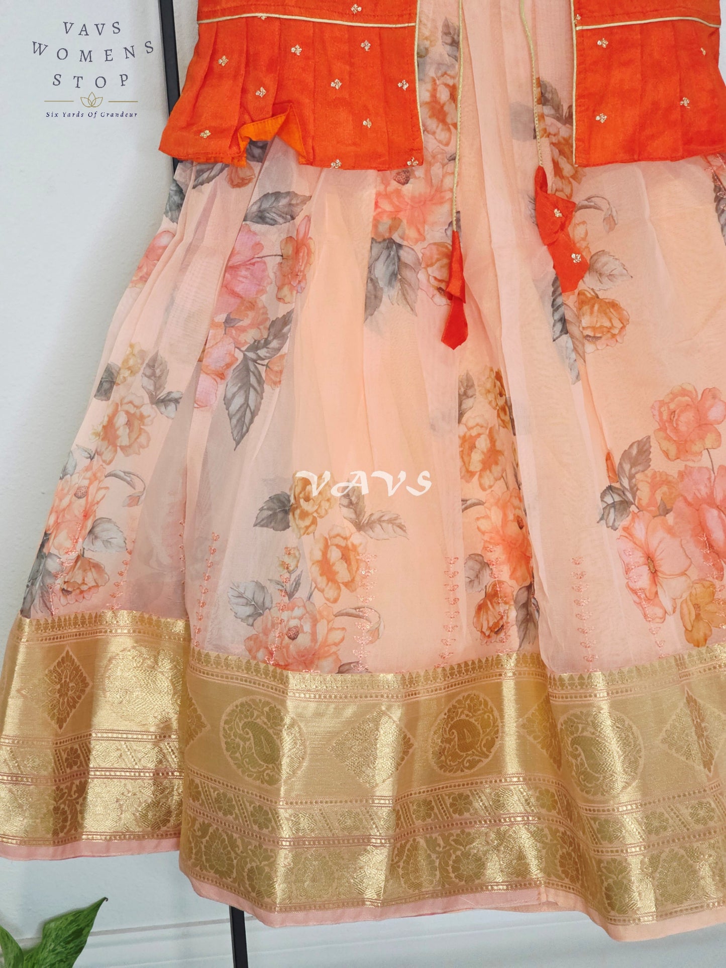 Royal Coral Sunset & Blush Peach Floral Print Organza Long Frock with Designer Overcoat Set for Girls Ages 7–8
