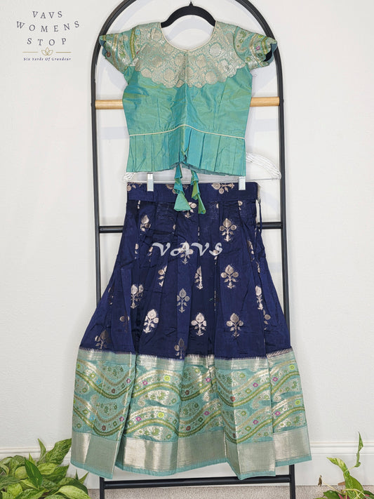 Royal Midnight Navy & Aqua Mint Benarasi Lehenga with Designer Puff Sleeves Blouse Set for Girls Ages 5 - 6
