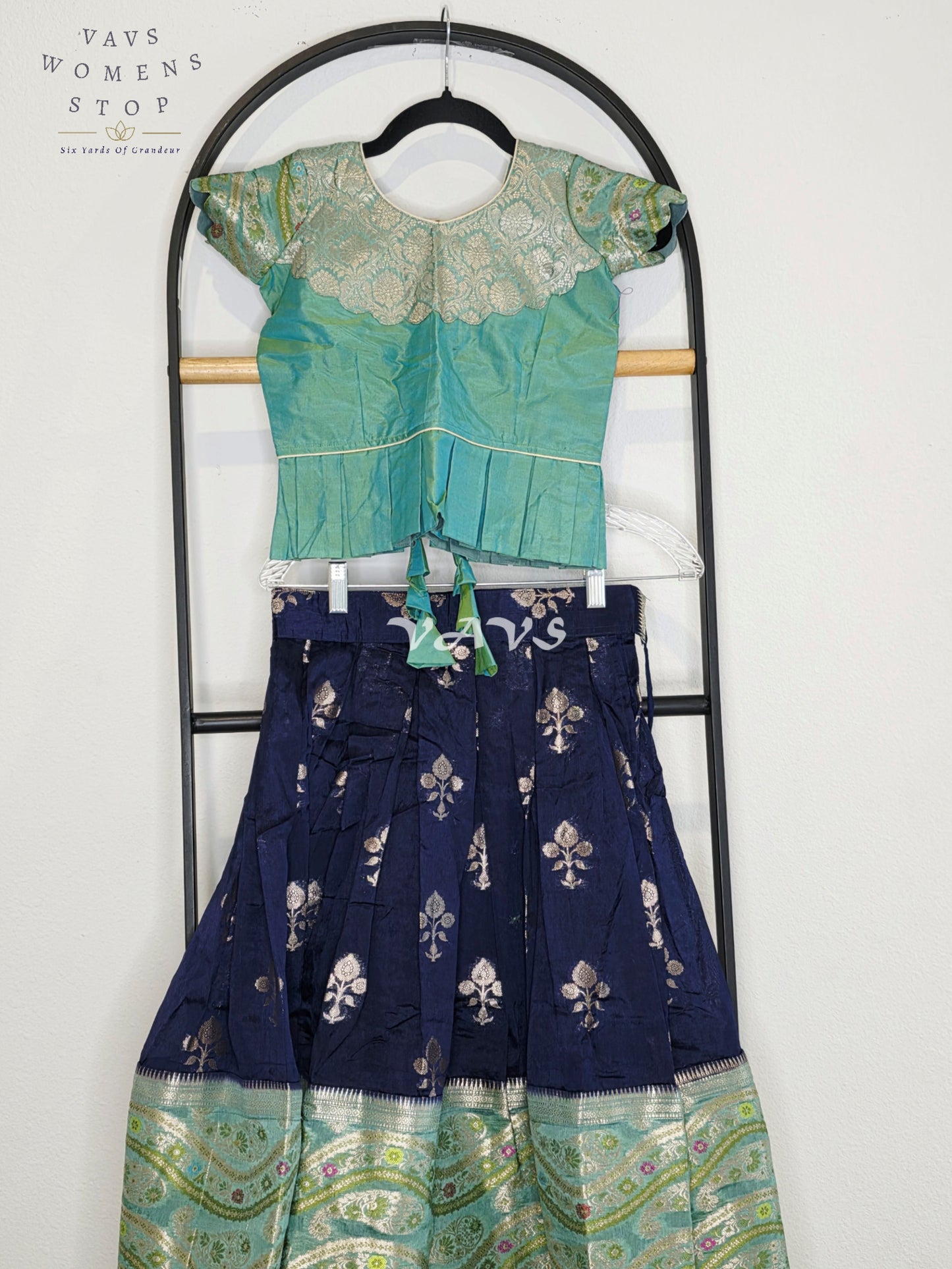 Royal Midnight Navy & Aqua Mint Benarasi Lehenga with Designer Puff Sleeves Blouse Set for Girls Ages 5 - 6