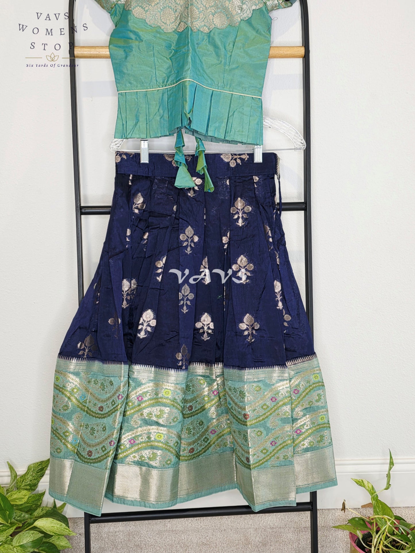 Royal Midnight Navy & Aqua Mint Benarasi Lehenga with Designer Puff Sleeves Blouse Set for Girls Ages 5 - 6