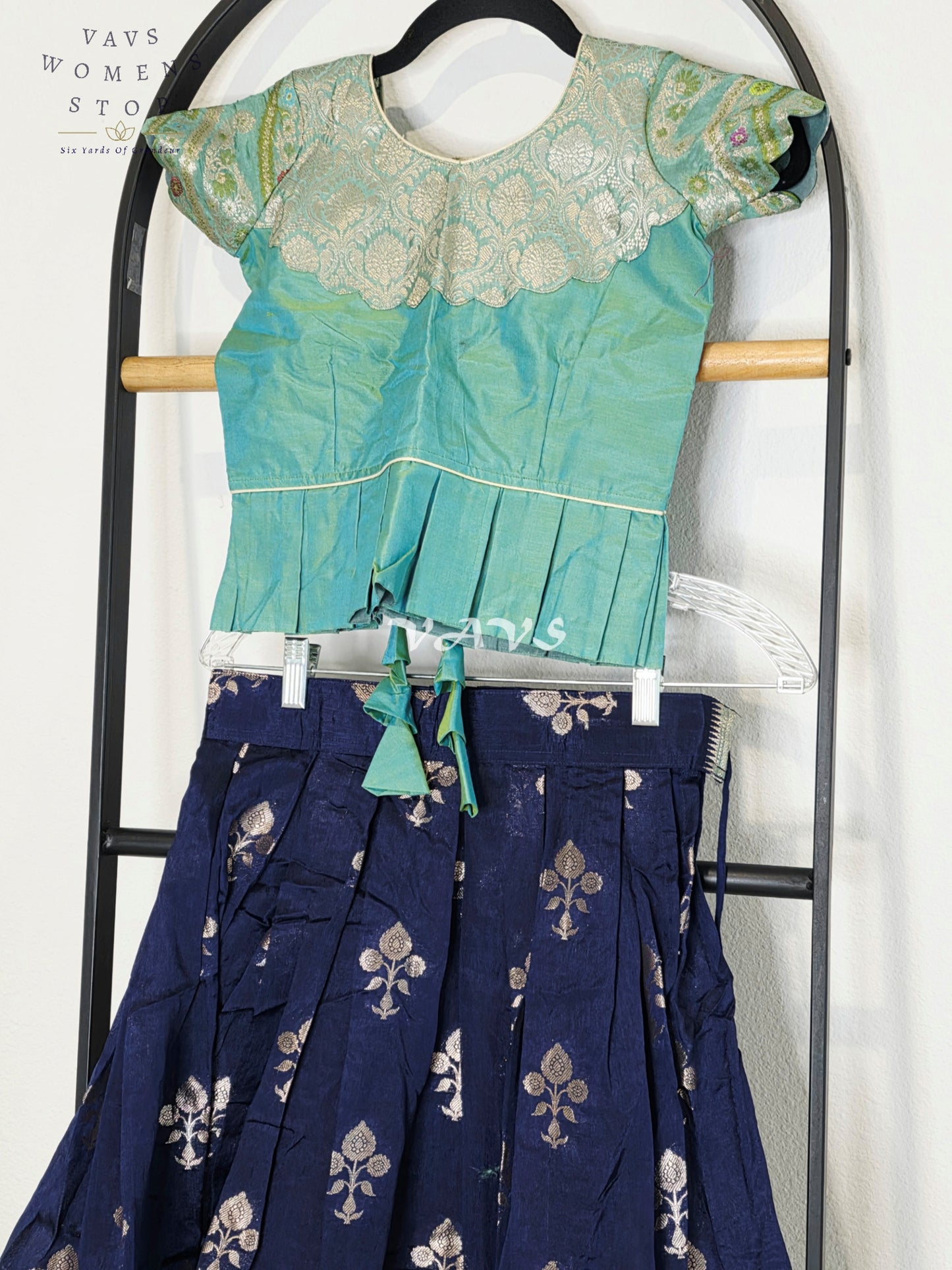 Royal Midnight Navy & Aqua Mint Benarasi Lehenga with Designer Puff Sleeves Blouse Set for Girls Ages 5 - 6
